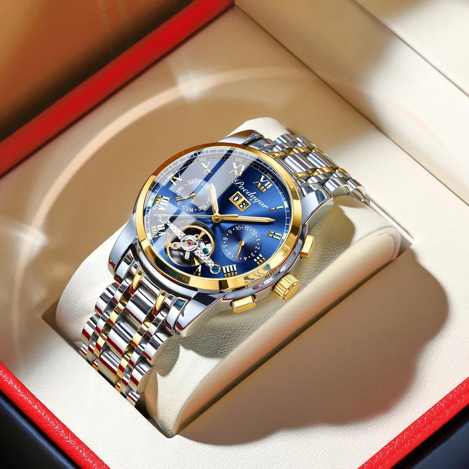 Poedagar 141  Skeleton Waterproof Men Watch  Mechanical Gold Blue Automatic Mens Watches Luxury Stainless Steel Wristwatch Man