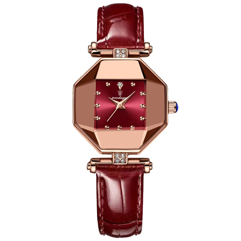 POEDAGAR 368 Red Small Quartz Watch for Women Hot Sale Fashion Leather Band Diamond Dial Square Wristwatch Luxury Female Watches