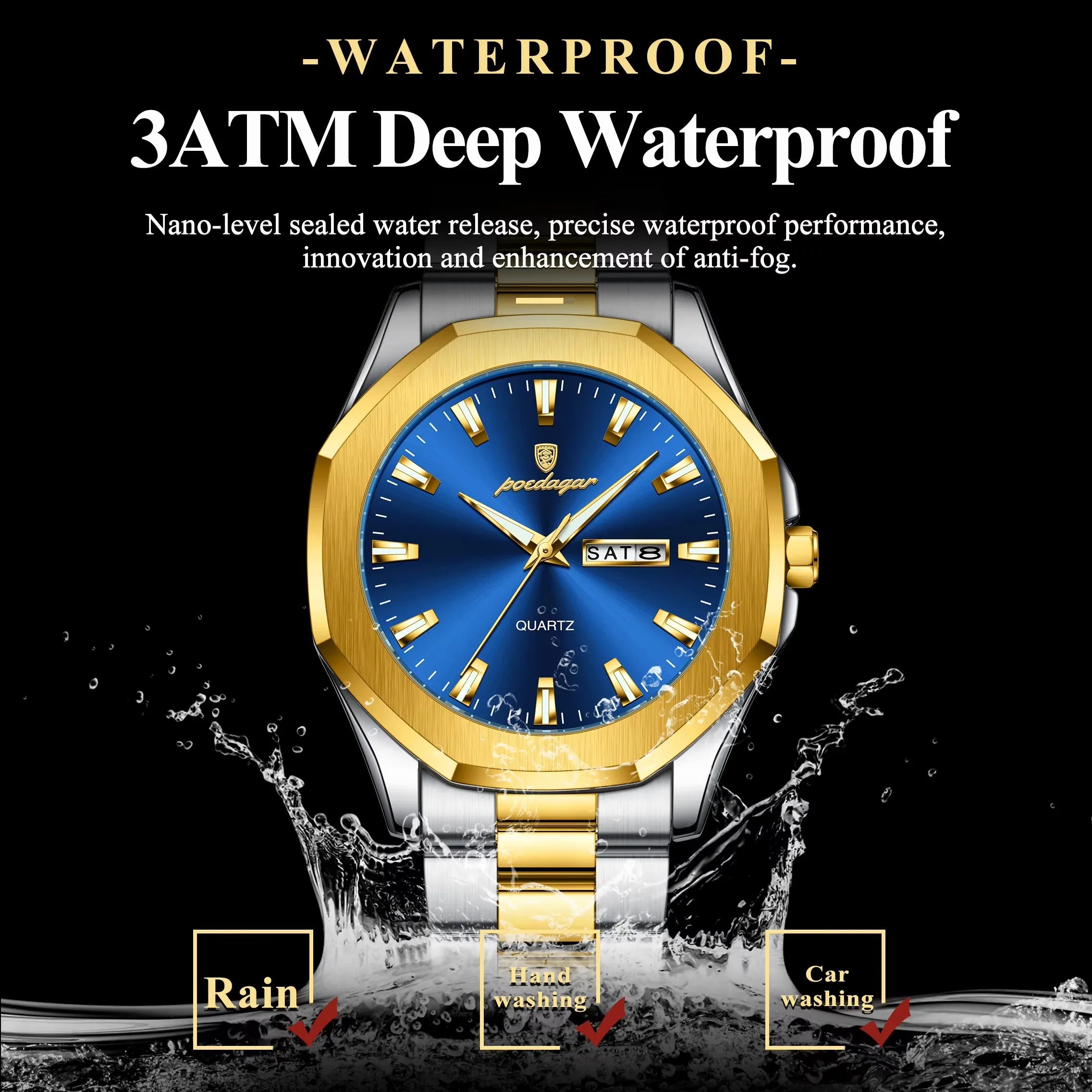 POEDAGAR 875 Date Display Stainless Steel Quartz Men's Luxury Original Mens Watches Waterproof Luminous Chronograph Wristwatches