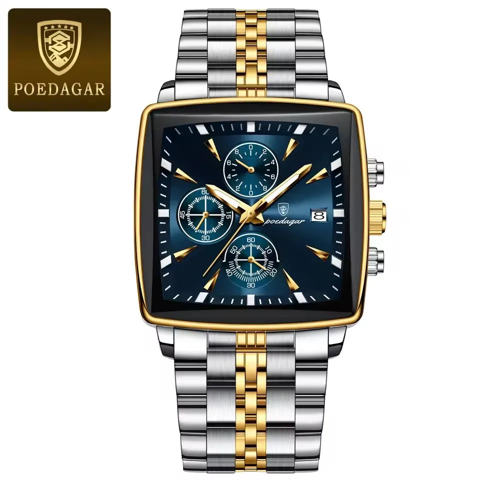 POEDAGAR New Business Men Clock Waterproof Luminous Calendar Chronograph Square Watch Stainless Steel Quartz Men's Watches 866