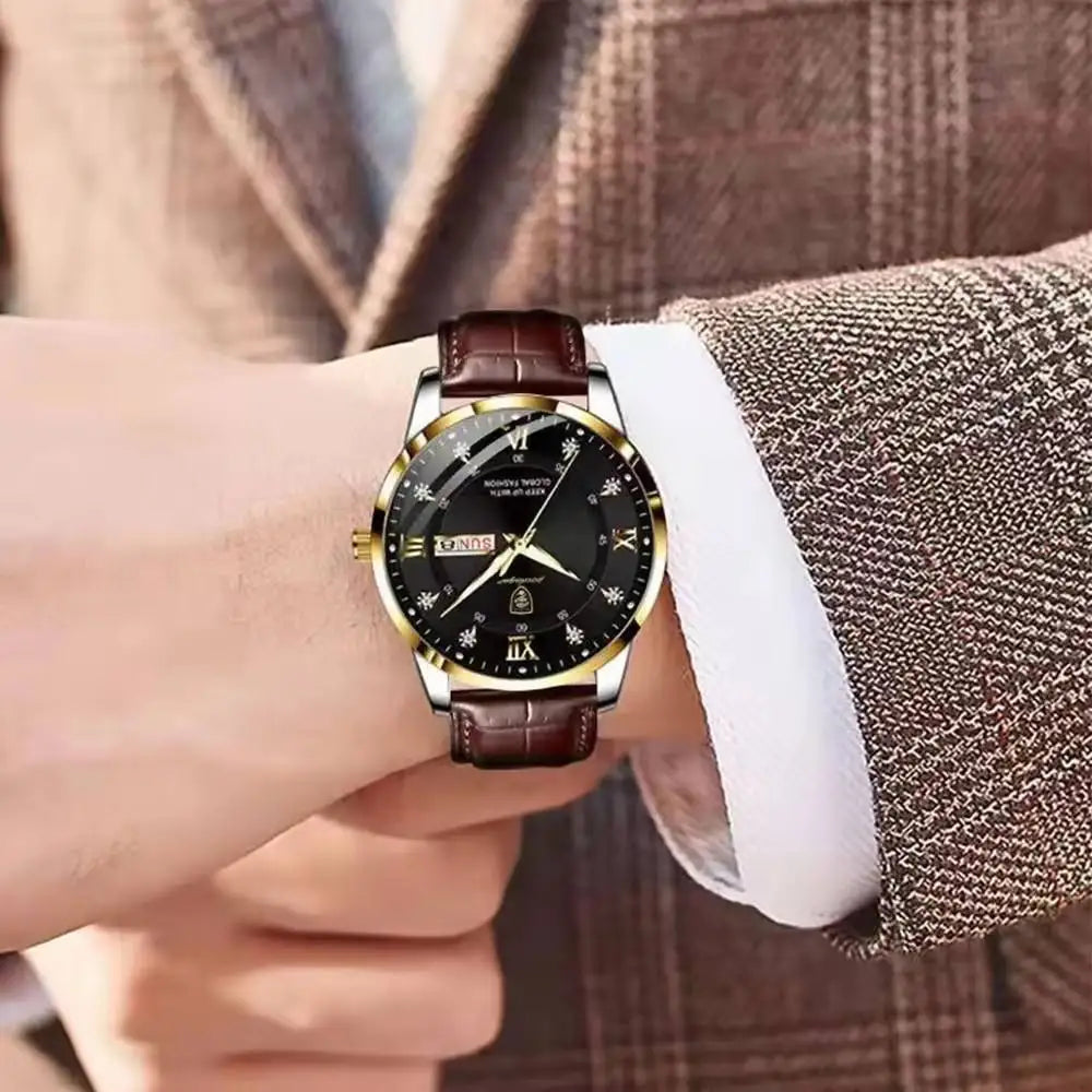 POEDAGAR 836 Men's Luxury Business Casual Simple Watch New Arrival Brown Leather Waterproof Luminous Japan Alloy Sport Fashion