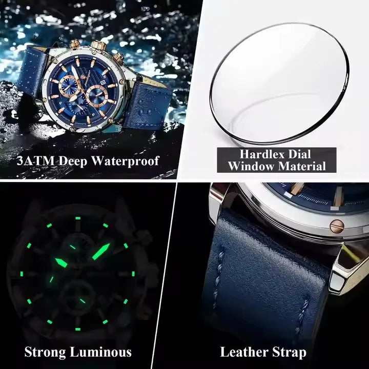 POEDAGAR 860 Fashion Blue Dial Silver Case Multifunction Chronograph Luxury Leather Quartz Watches for Men Business Mens Gift