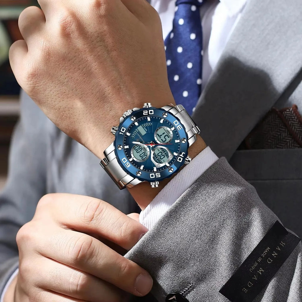 POEDAGAR E102 Dual Time Display Digital Quartz Men Watch Sport Stainless Wristwatch LED Alarm Electronic Waterproof Mens Watches