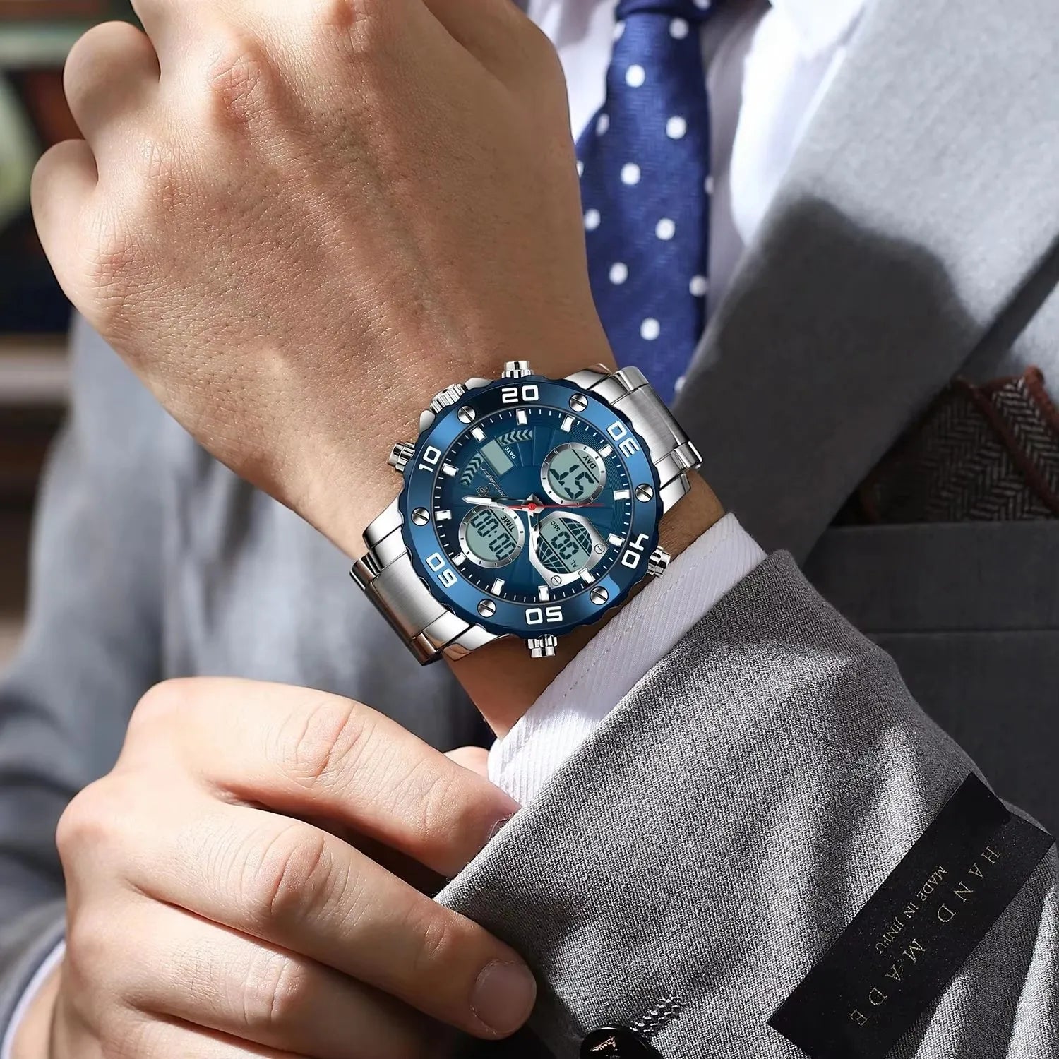 POEDAGAR E102 Dual Time Display Digital Quartz Men Watch Sport Stainless Wristwatch LED Alarm Electronic Waterproof Mens Watches