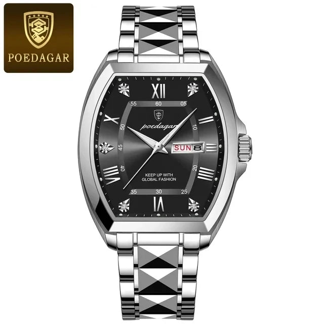 POEDAGAR Square Gold Quartz Watches Business Double Calendar Luxury Watch for Men Stainless Steel Waterproof Clock New Hot Sale