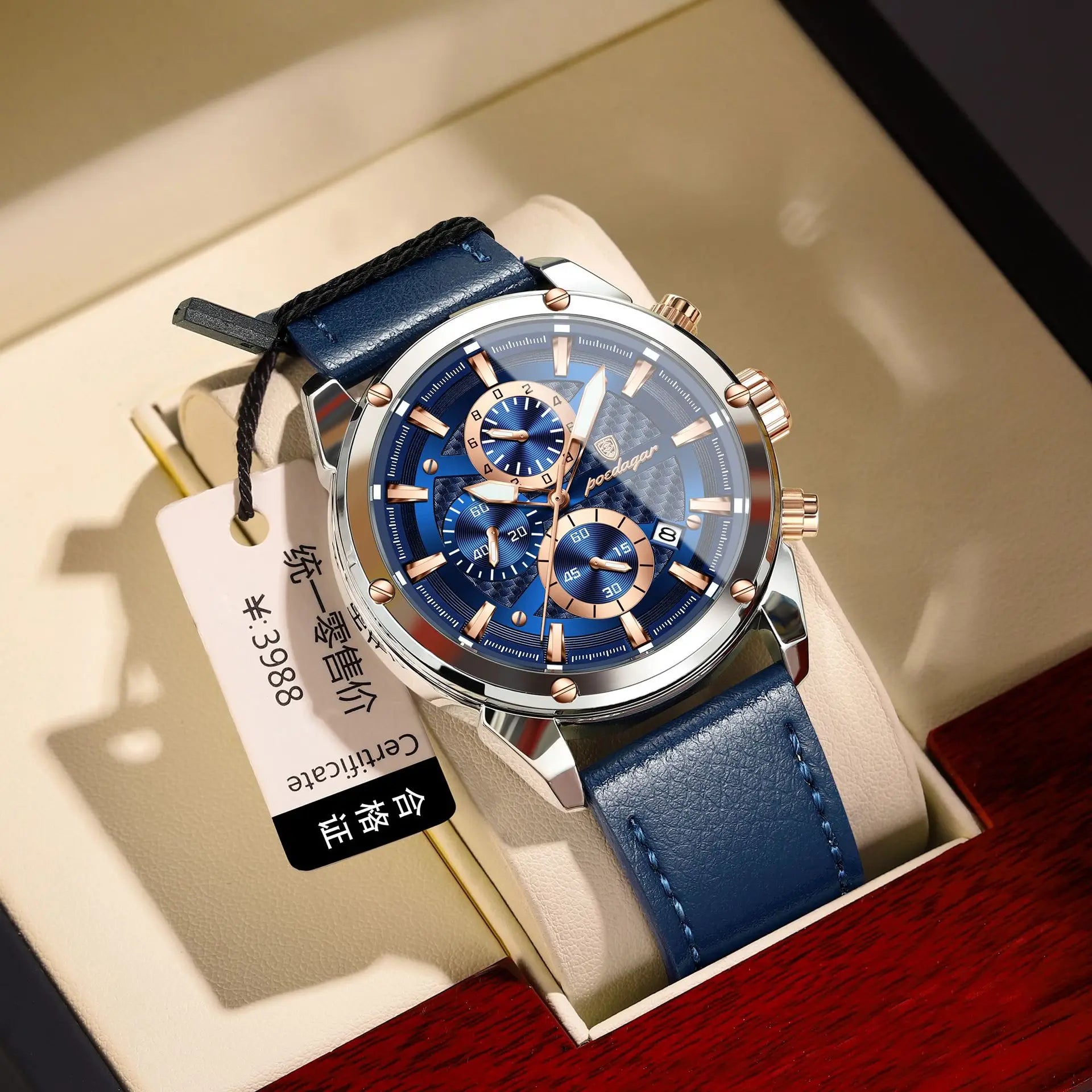 POEDAGAR 860 Fashion Blue Dial Silver Case Multifunction Chronograph Luxury Leather Quartz Watches for Men Business Mens Gift