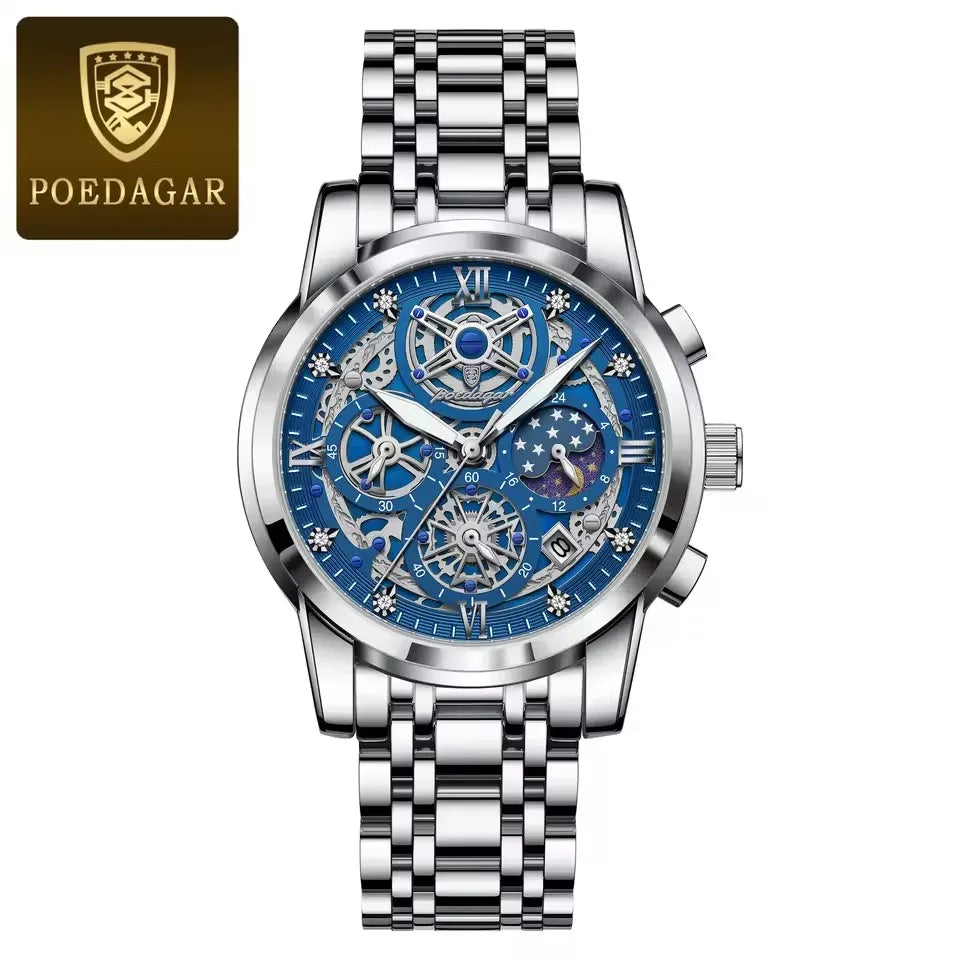 POEDAGAR 984 Top Brand Business Stainless Steel Belt Fashion Men's Watch 30M Deep Waterproof Auto Date Japan Quartz Male Watches