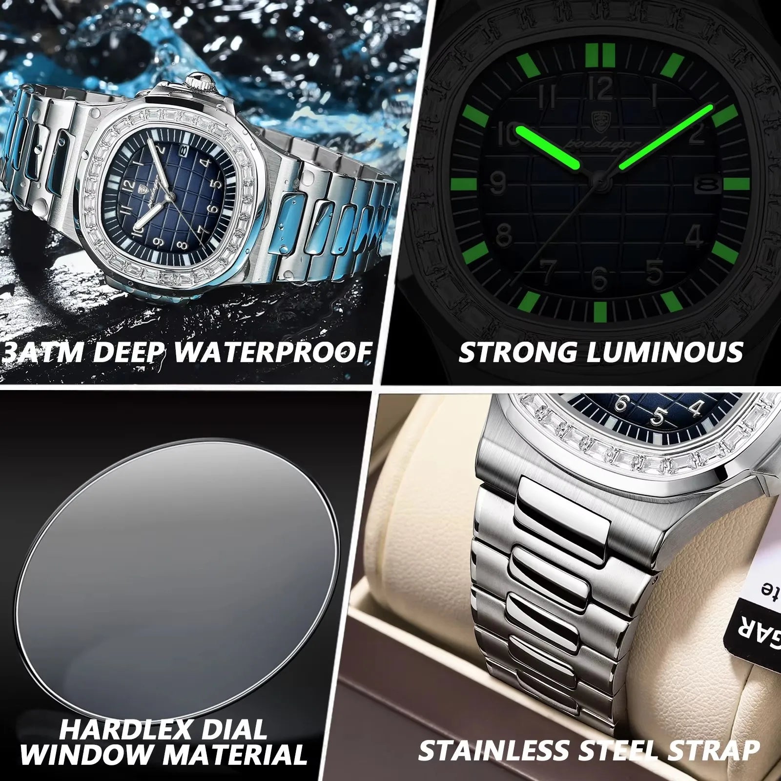 Top Brand Poedagar 925 Fashion Casual Rose Gold Square Men Quartz Watch Waterproof Luminous Date Stainless Steel Watch for Men