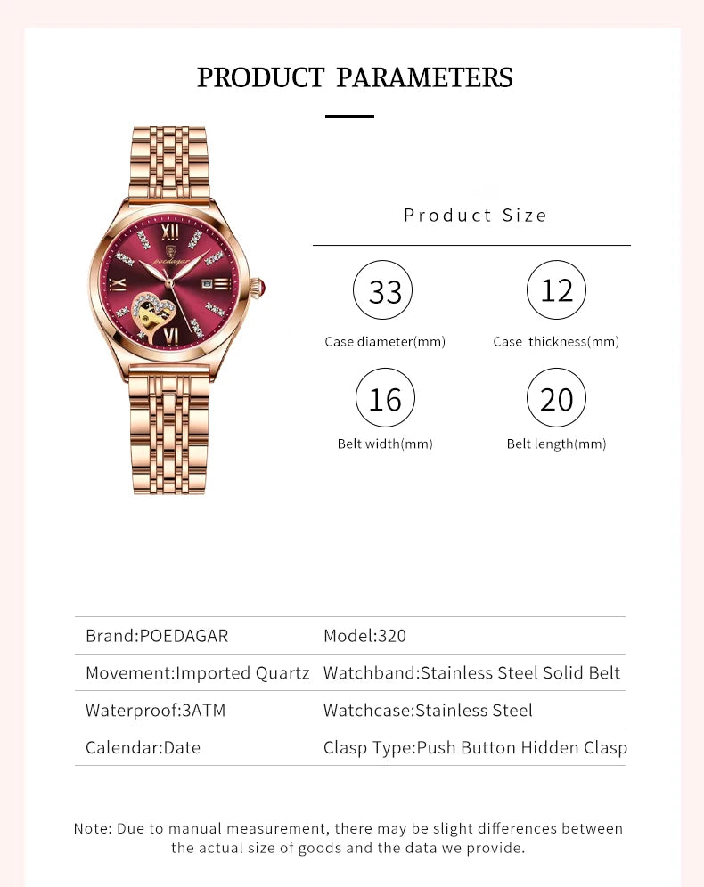 POEDAGAR New Hot Sell 320 High Quality Girls Women Wristwatch Waterproof Luminous Quartz Watch Diamond Encrusted Ladies' Clock