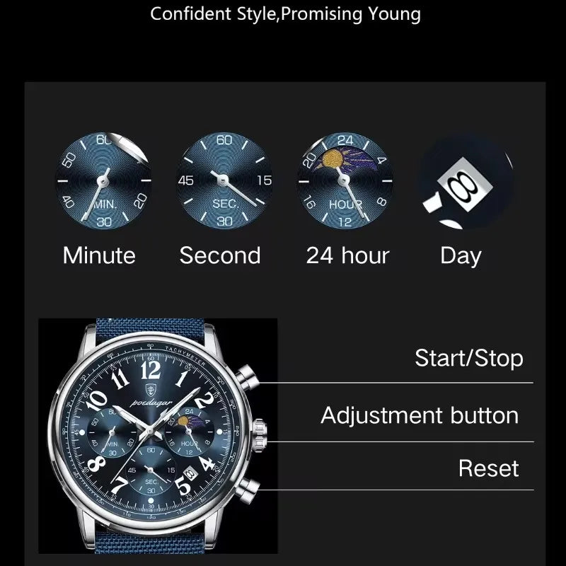 POEDAGAR 808 New Luxury Sports Men Watch Waterproof Luminous Chronograph Nylon Leather Date Man Wristwatch Quartz Men's Watches
