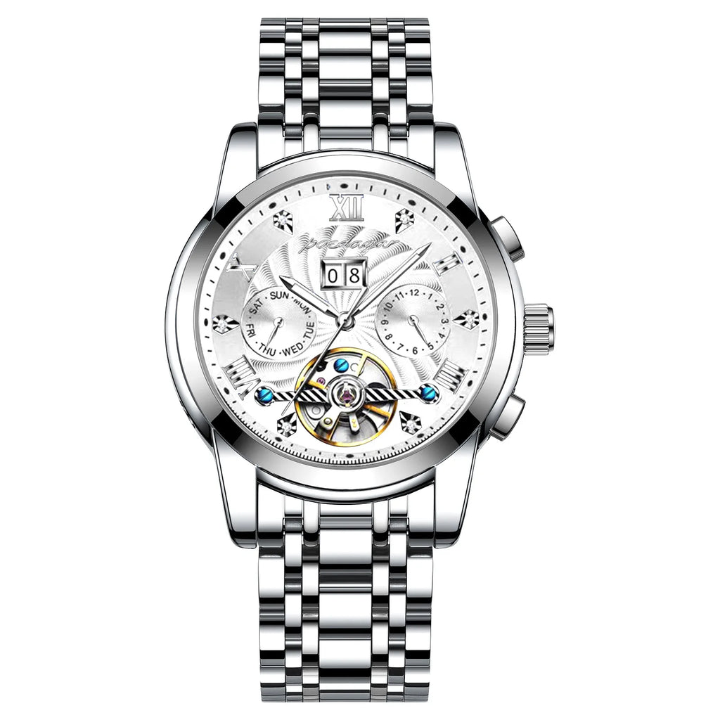 POEDAGAR 1408 Automatic Tourbillon Business Watch Luxury Hollow Waterproof Stainless Steel Men Mechanical Watches Gold Blue