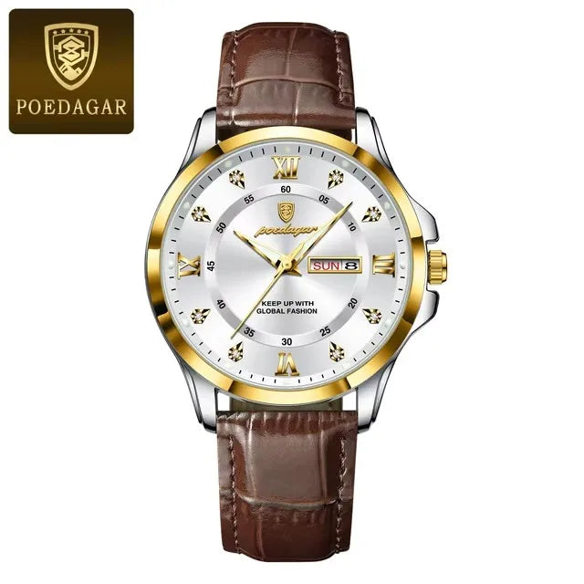 POEDAGAR 855 Watches Men Brown Genuine Leather Quartz Movement New Arrival Waterproof Luminous Casual Business Luxury Wristwatch