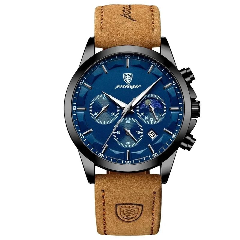 POEDAGAR 928 Men Multifunction Waterproof Watch Chronograph Stainless Steel Case Leather Strap Man Business Sport Quartz Watches