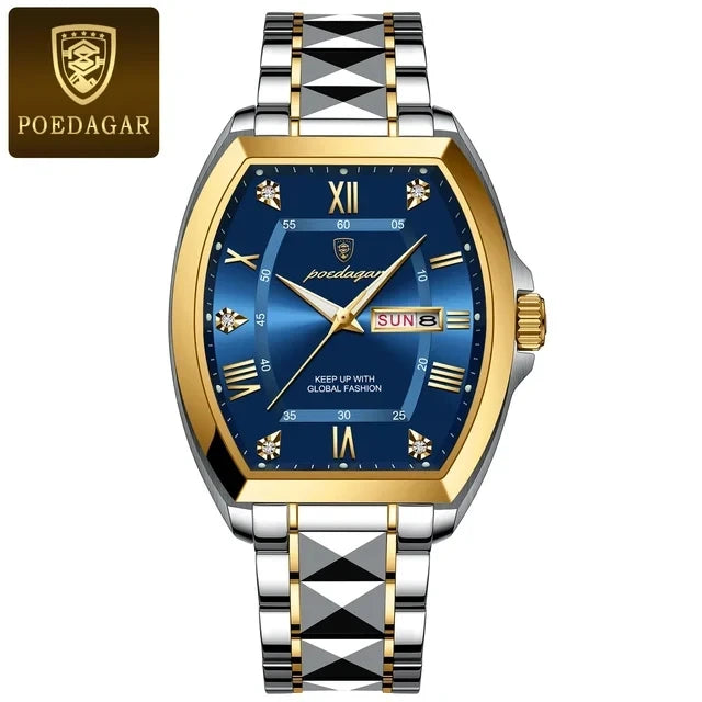 POEDAGAR Square Gold Quartz Watches Business Double Calendar Luxury Watch for Men Stainless Steel Waterproof Clock New Hot Sale