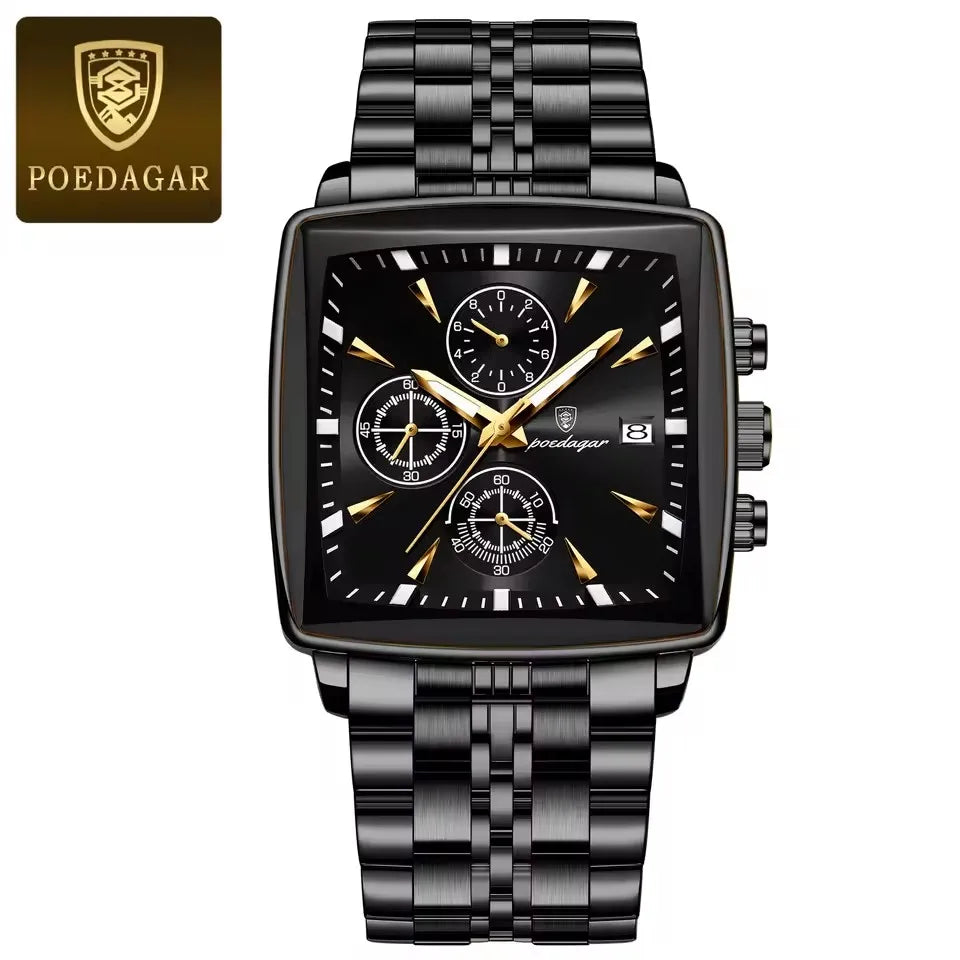 POEDAGAR New Business Men Clock Waterproof Luminous Calendar Chronograph Square Watch Stainless Steel Quartz Men's Watches 866