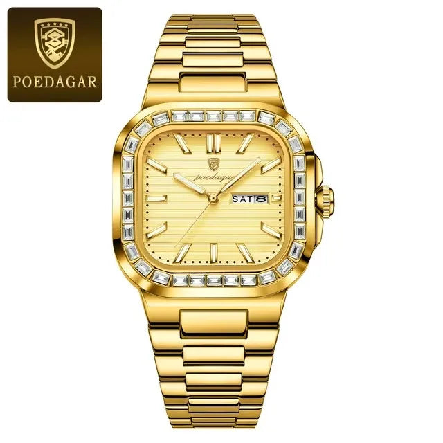 POEDAGAR 975 Luxury Square Watch for Men Waterproof Luminous Date Week Man Watch Stainless Steel Fashion Quartz Men's Watches