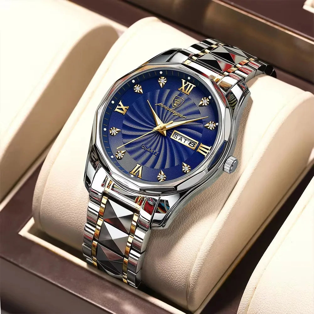 POEDAGAR 818 Men Watch Top Luxury Blue Dial Business Quartz Mens Watches Full Steel Waterproof Luminous Date Men's Wristwatch