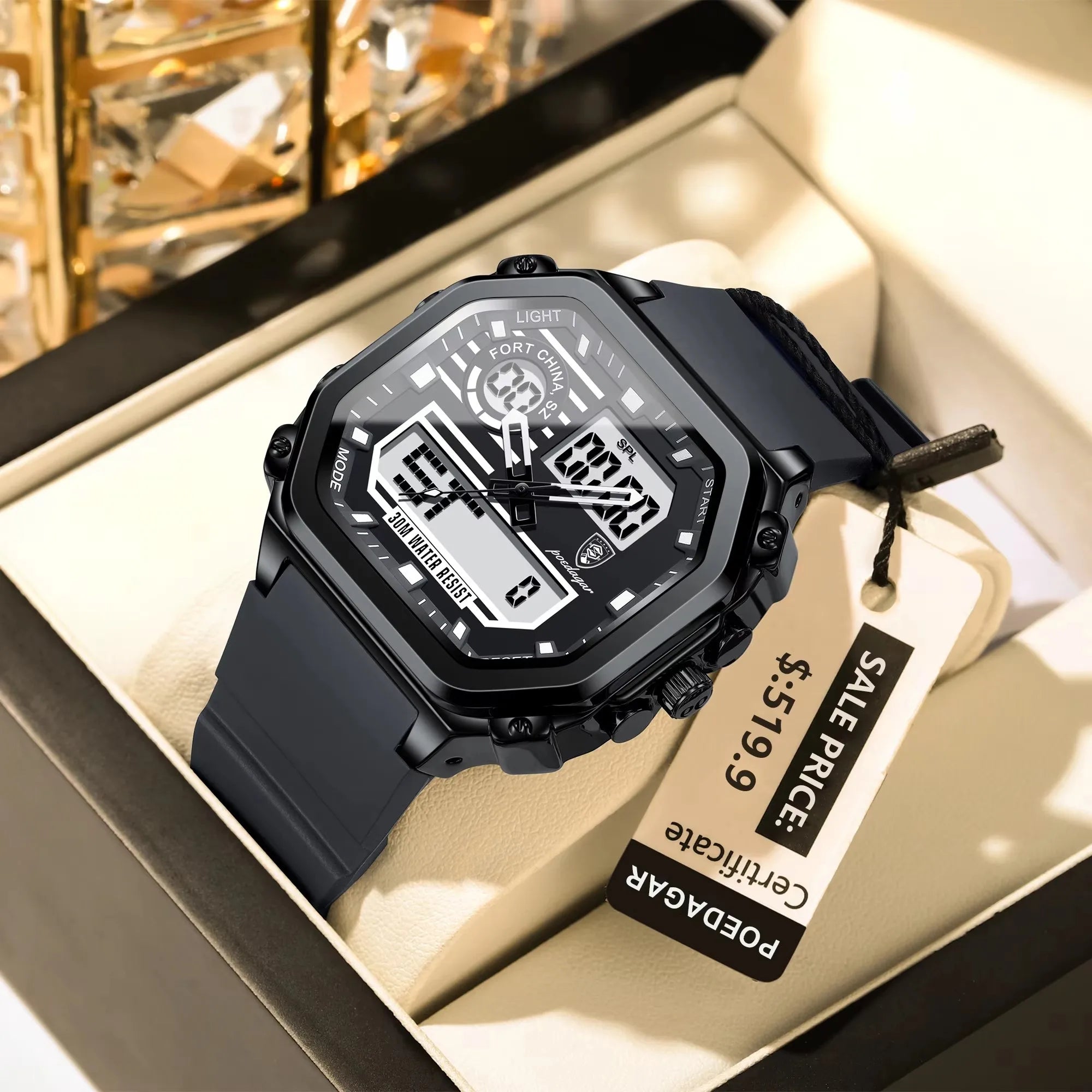 POEDAGAR 993 Silicone Strap Electronic Quartz Men's Watches Sports LED Men Watch Waterproof Luminous Week Date Square Wristwatch