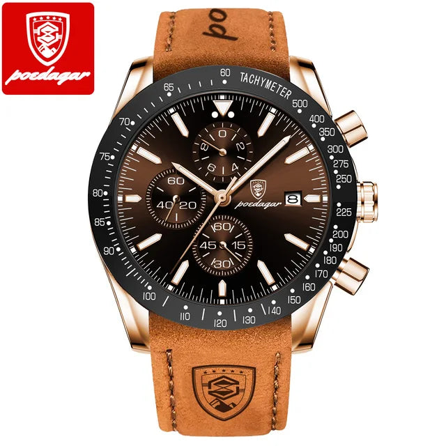 POEDAGAR 988 Top Band Men Watch Waterproof Luminous Date Chronograph Quartz Wristwatch High Quality Sport Leather Man Watches