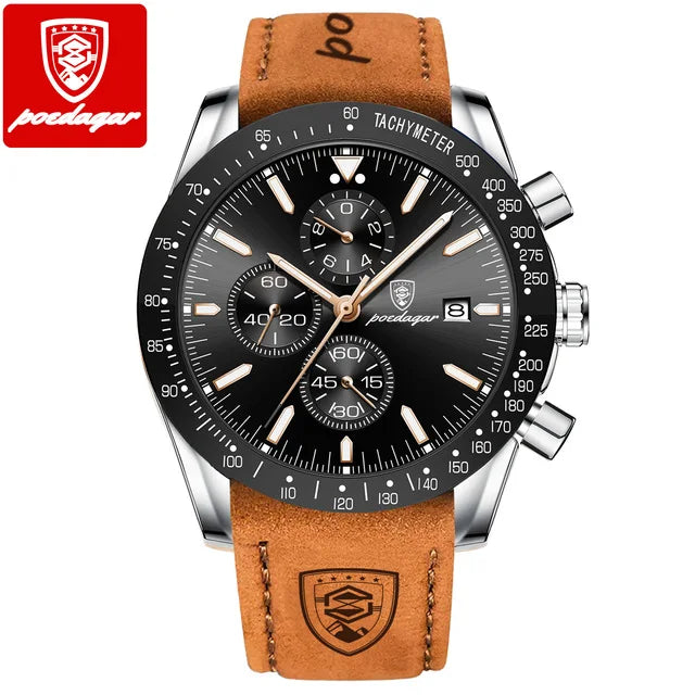 POEDAGAR 988 Top Band Men Watch Waterproof Luminous Date Chronograph Quartz Wristwatch High Quality Sport Leather Man Watches