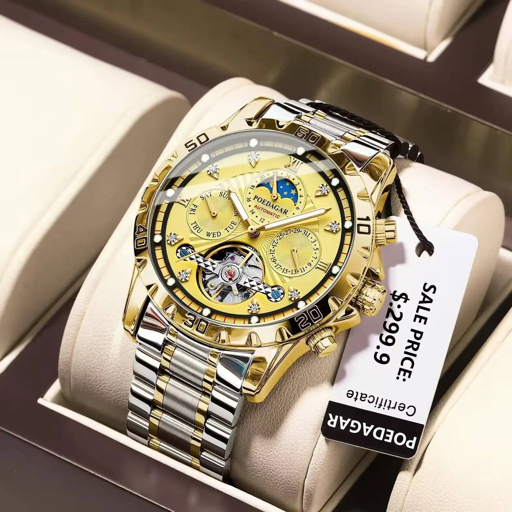POEDAGAR 1412 Men's Mechanical Watch Tourbillon Gold Stainless Steel Band Luminous Moon Phase Day Function Water Shock Resistant