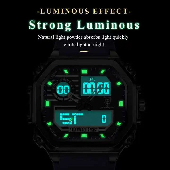 POEDAGAR 993 New Dual Display LED Night Light Leisure Electronic Men's Quartz Watch Multi Functional Sports Waterproof Watches