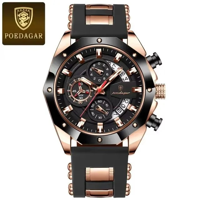 POEDAGAR 913 Men Night Light Watch Waterproof Luminous Sport Business Chronograph Blue Silicone Strap Japan Quartz Men's Watches