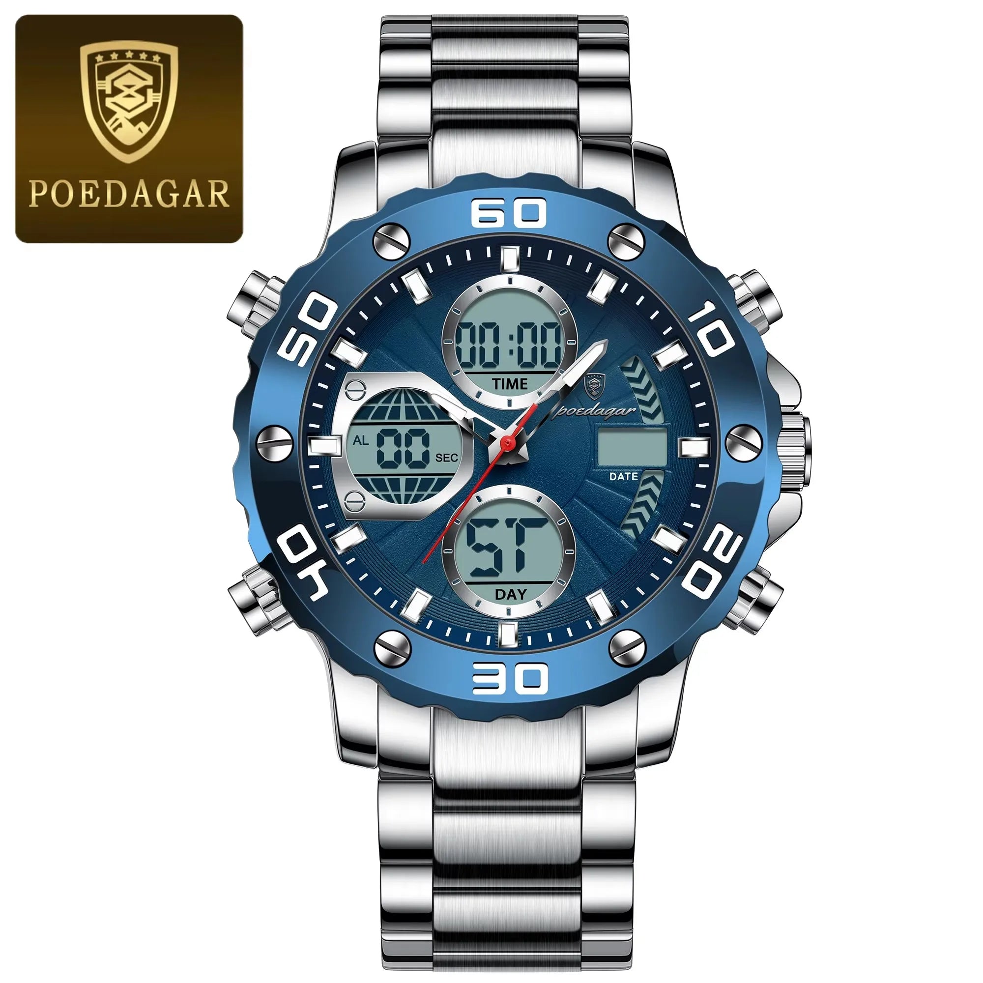 POEDAGAR E102 Dual Time Display Digital Quartz Men Watch Sport Stainless Wristwatch LED Alarm Electronic Waterproof Mens Watches