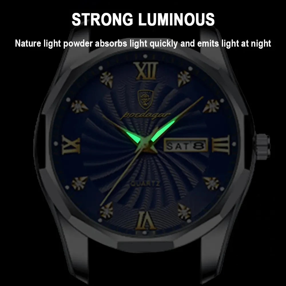 POEDAGAR 818 Men Watch Top Luxury Blue Dial Business Quartz Mens Watches Full Steel Waterproof Luminous Date Men's Wristwatch