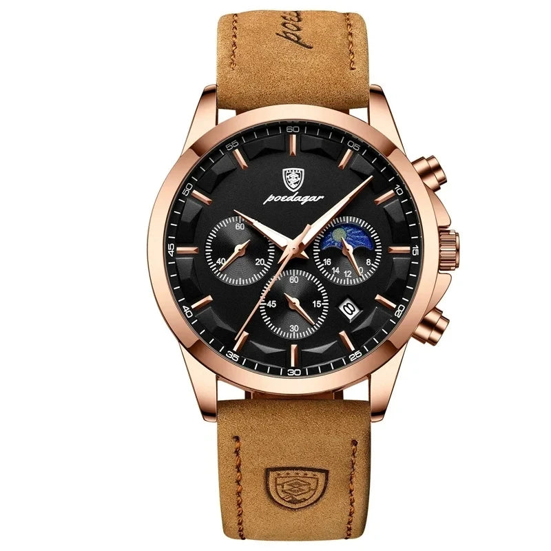 POEDAGAR 928 Men Multifunction Waterproof Watch Chronograph Stainless Steel Case Leather Strap Man Business Sport Quartz Watches