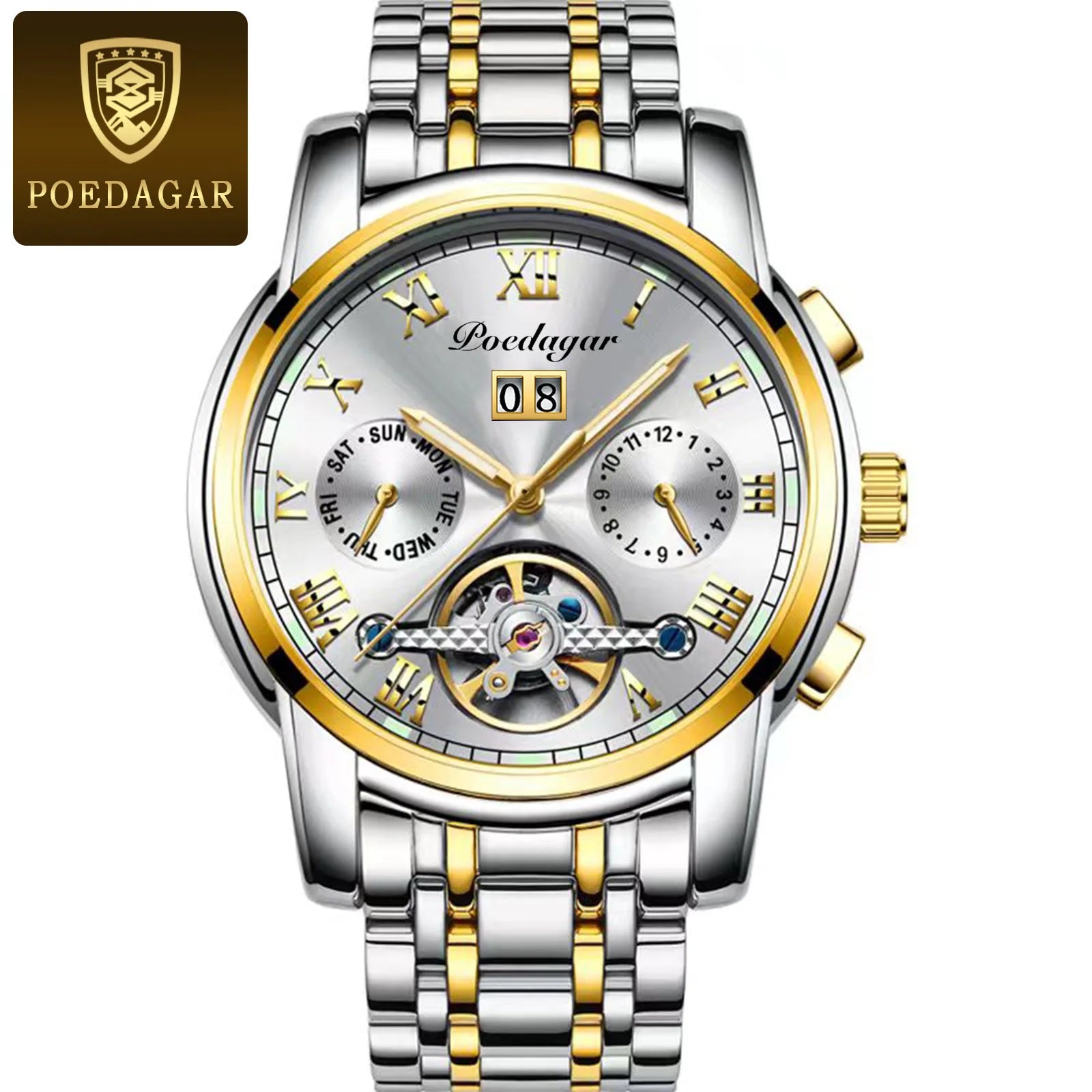 Poedagar 141  Skeleton Waterproof Men Watch  Mechanical Gold Blue Automatic Mens Watches Luxury Stainless Steel Wristwatch Man