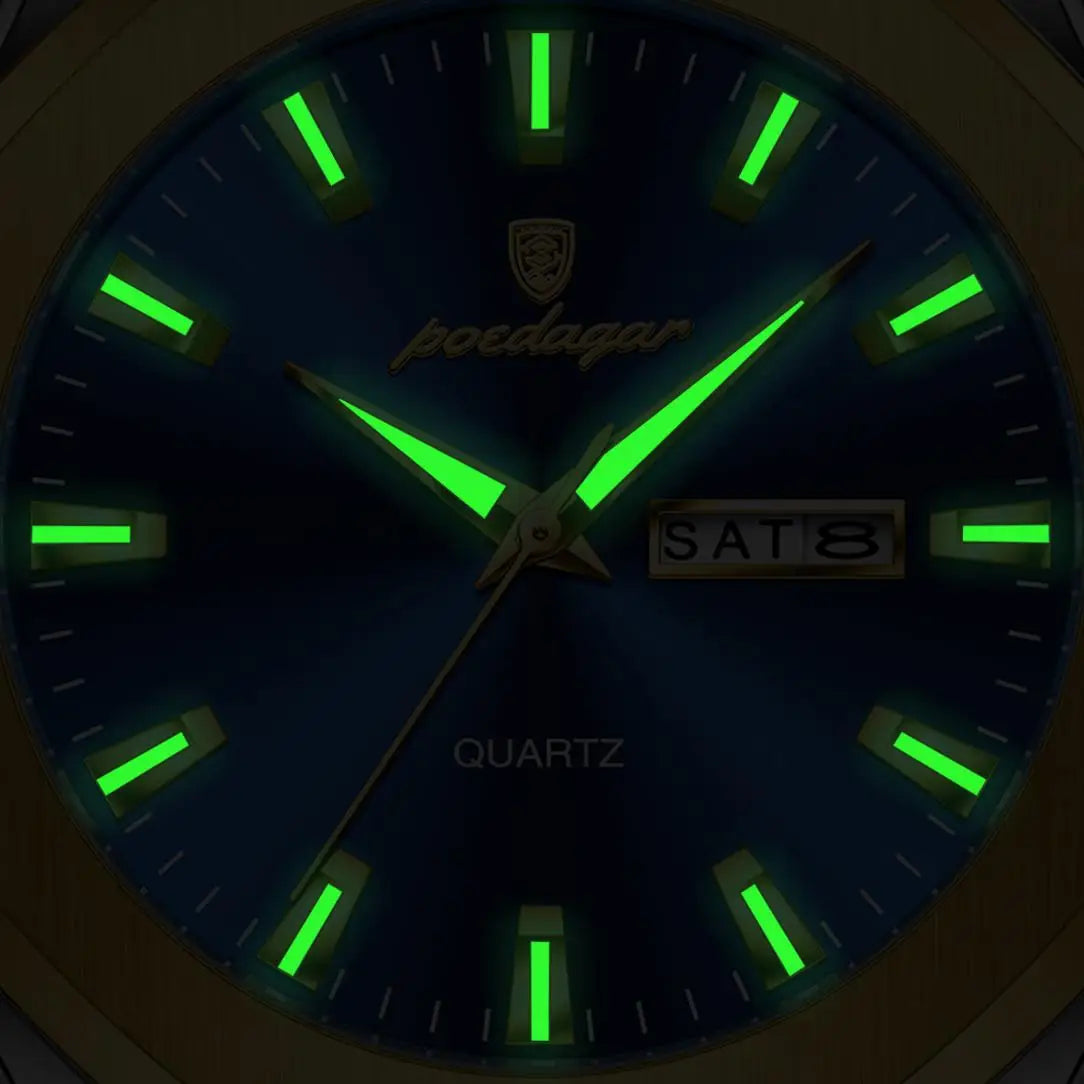 POEDAGAR 875 Date Display Stainless Steel Quartz Men's Luxury Original Mens Watches Waterproof Luminous Chronograph Wristwatches