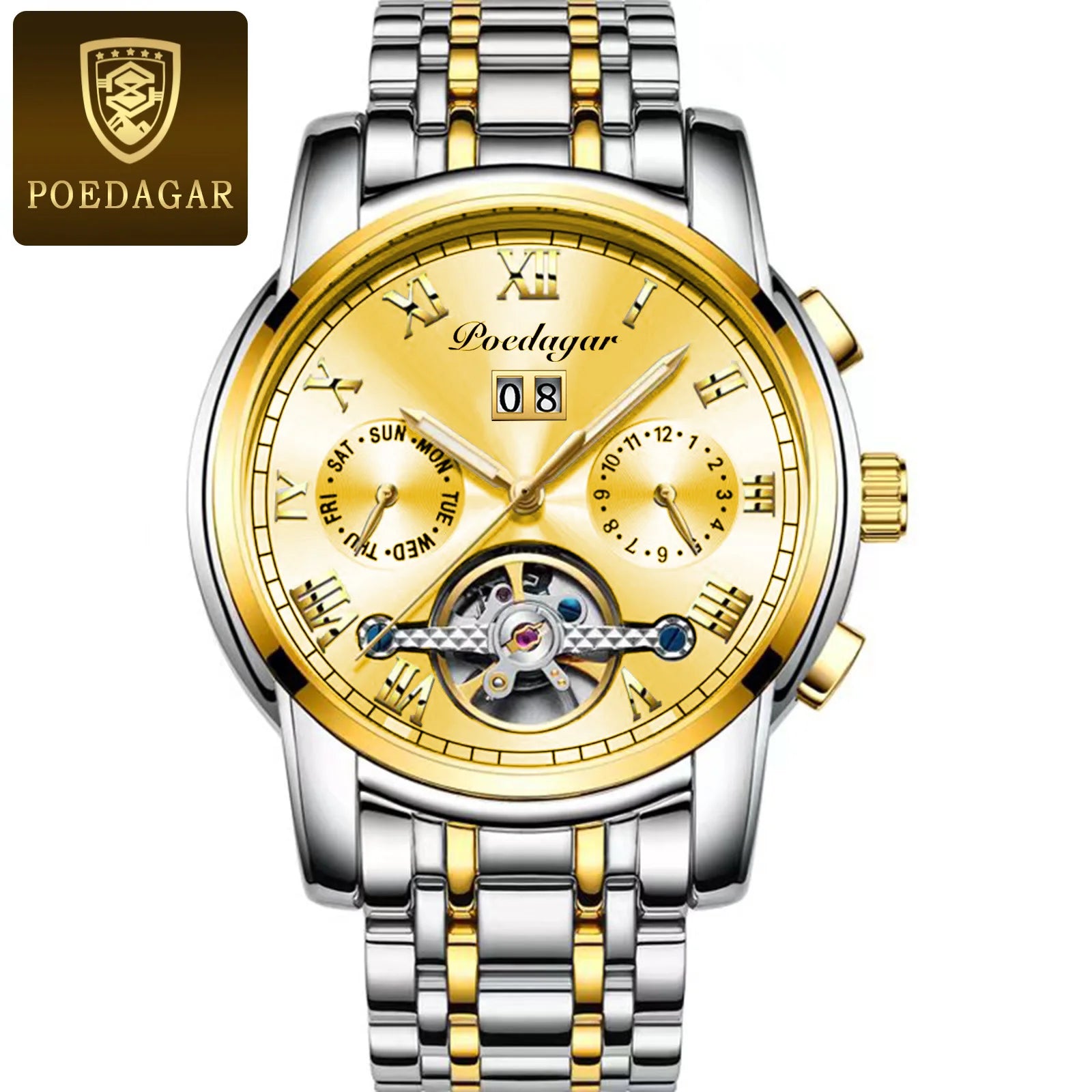 Poedagar 141  Skeleton Waterproof Men Watch  Mechanical Gold Blue Automatic Mens Watches Luxury Stainless Steel Wristwatch Man