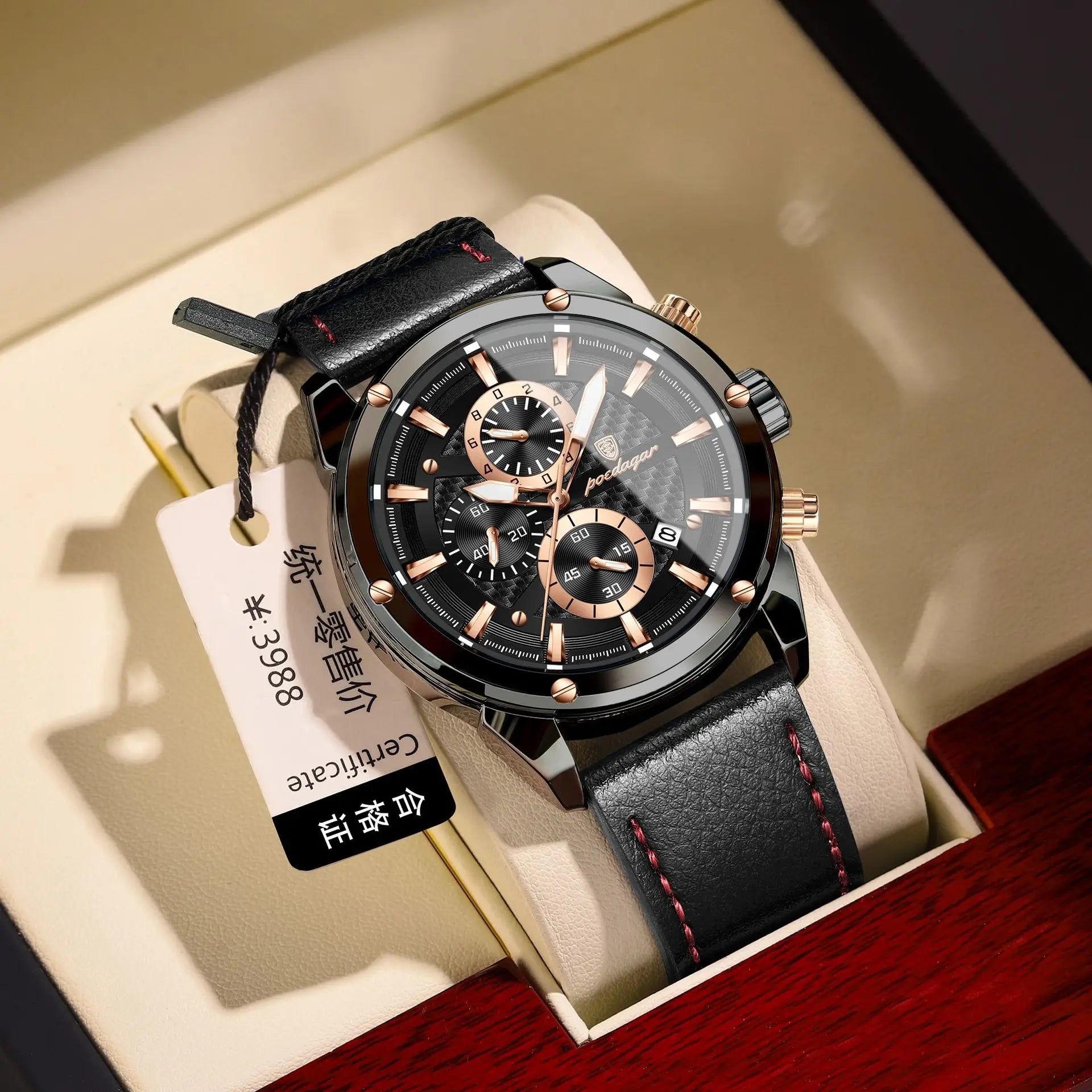 POEDAGAR 860 Fashion Blue Dial Silver Case Multifunction Chronograph Luxury Leather Quartz Watches for Men Business Mens Gift