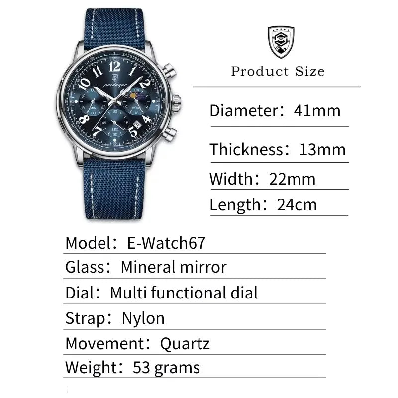 POEDAGAR 808 New Luxury Sports Men Watch Waterproof Luminous Chronograph Nylon Leather Date Man Wristwatch Quartz Men's Watches