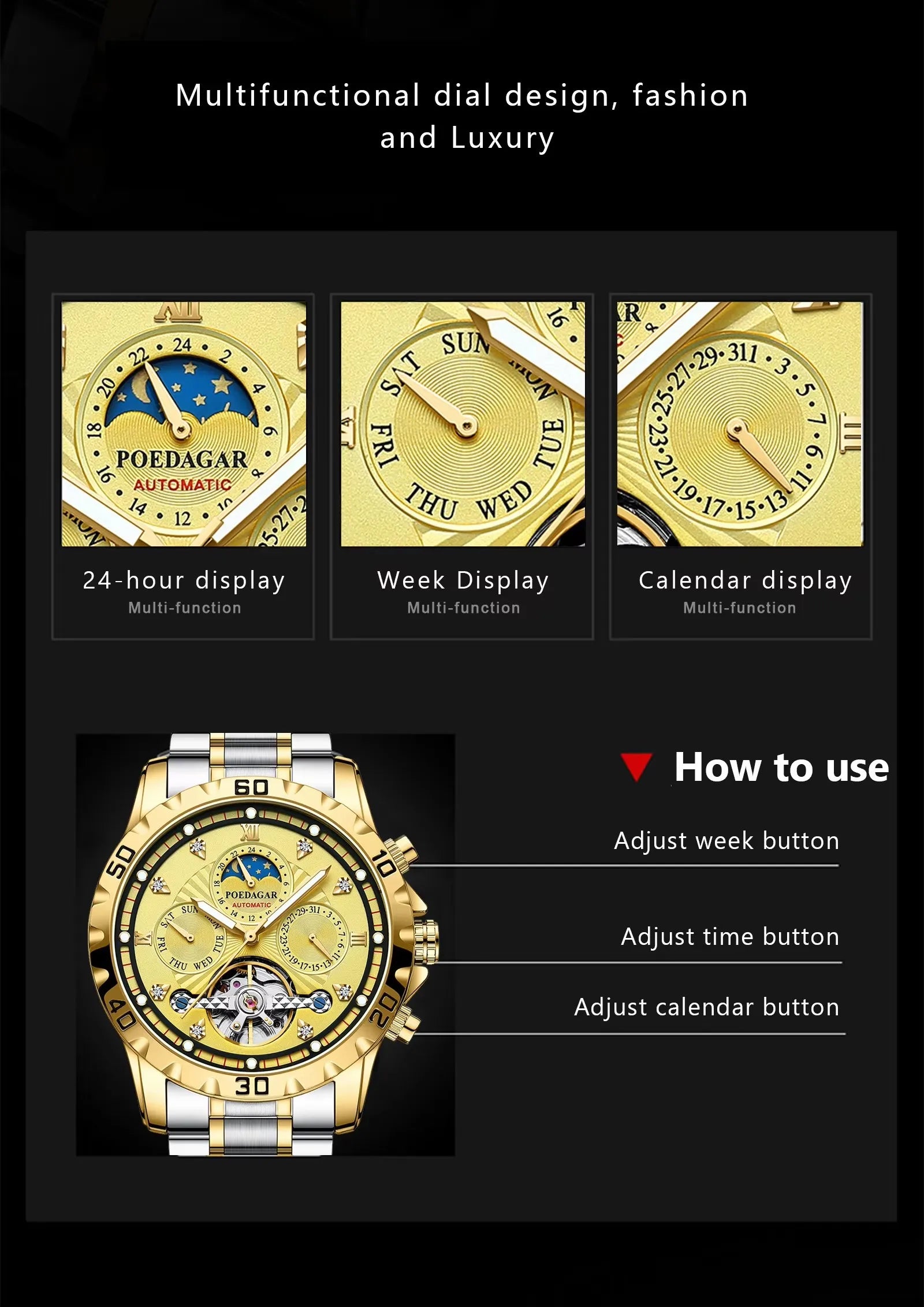 POEDAGAR 1412  Automatic Watches High Quality Tourbillon Mechanical Watch Luminous Mens Wristwatch Clock Relojes Hombre Montres