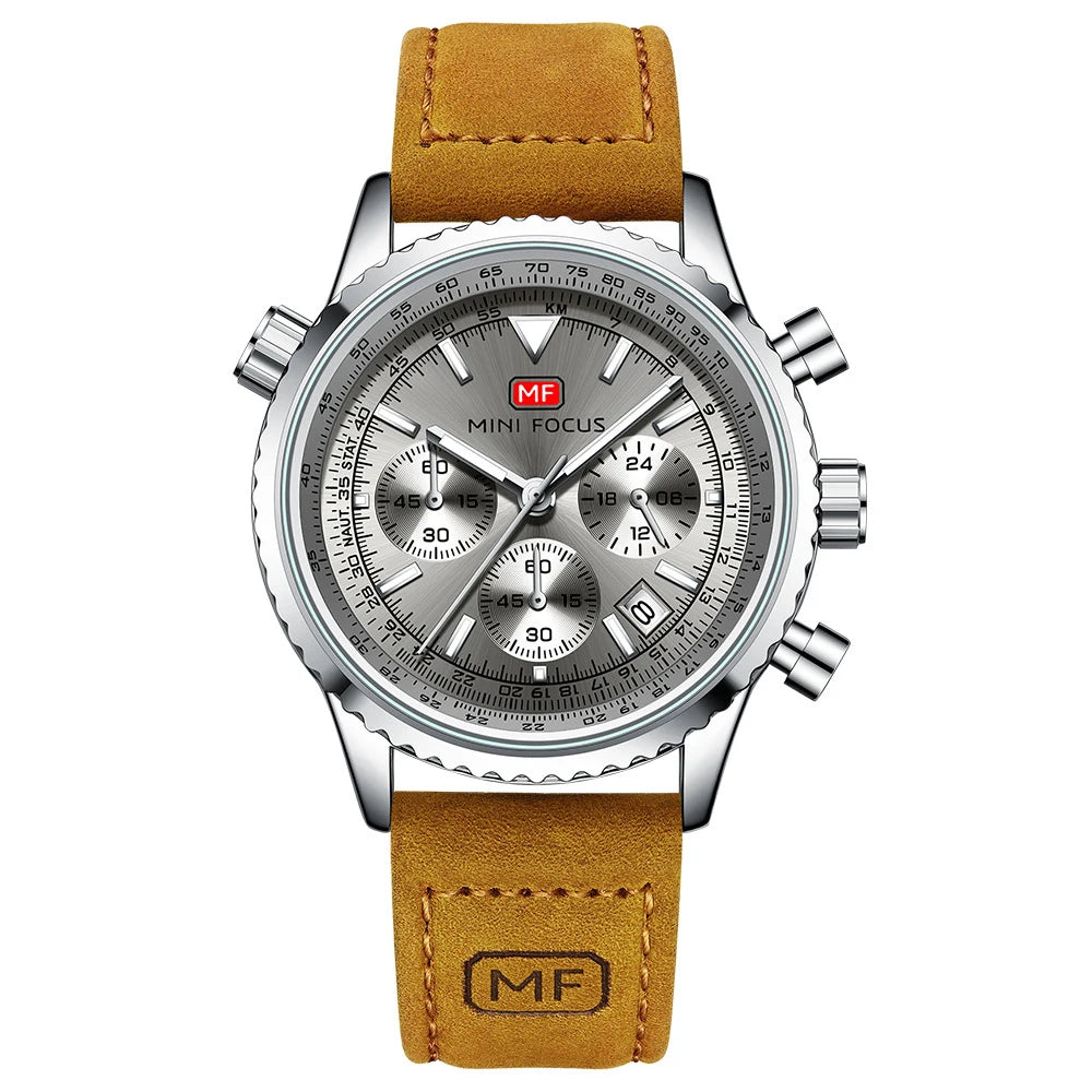 Mini Foucus Premium Multifunction Chronograph Sports Genuine Leather Luminous Quartz Mens Watches