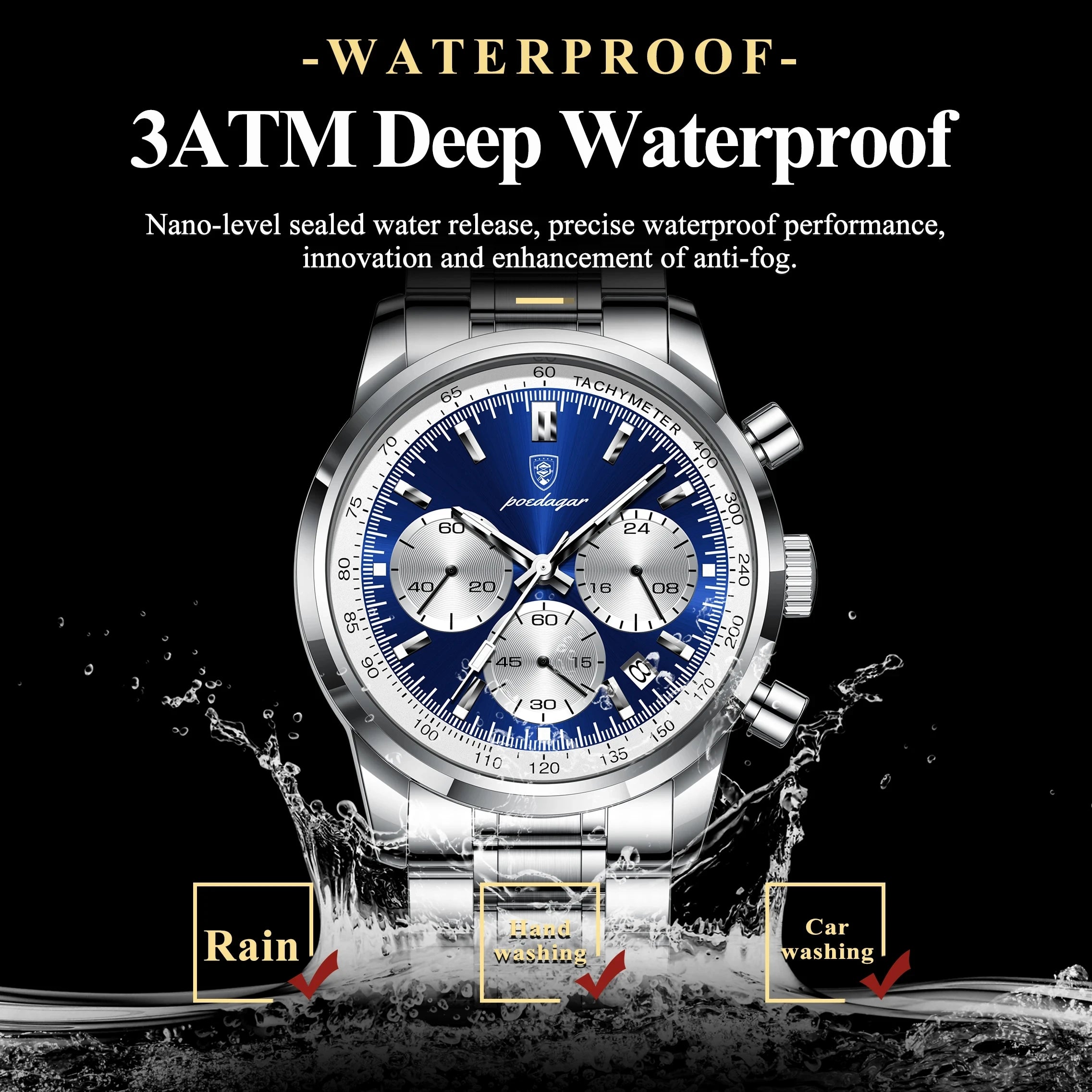 POEDAGAR Luxury Sport Men's Wristwatch 921 Waterproof Luminous Chronograph Quartz 42mm Oval Stainless Steel Fashionable Reloj