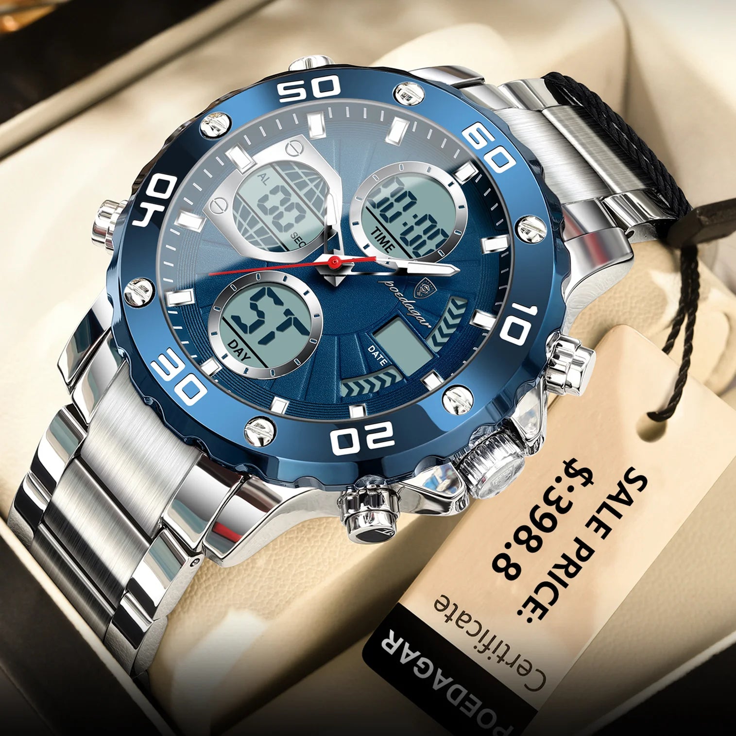 POEDAGAR E102 Dual Time Display Digital Quartz Men Watch Sport Stainless Wristwatch LED Alarm Electronic Waterproof Mens Watches