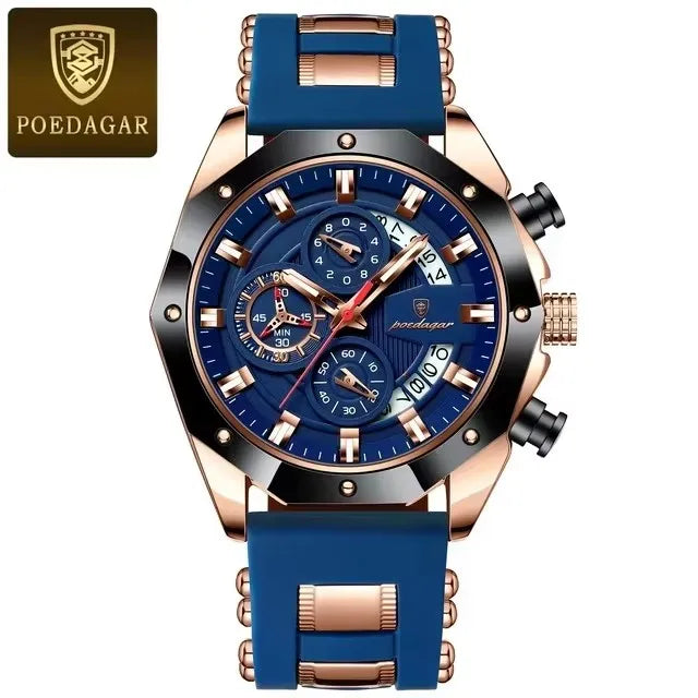 POEDAGAR 913 Men Night Light Watch Waterproof Luminous Sport Business Chronograph Blue Silicone Strap Japan Quartz Men's Watches