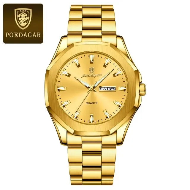 POEDAGAR 875 Date Display Stainless Steel Quartz Men's Luxury Original Mens Watches Waterproof Luminous Chronograph Wristwatches