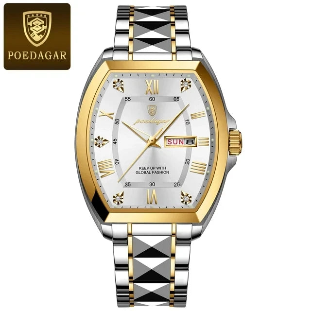 POEDAGAR Square Gold Quartz Watches Business Double Calendar Luxury Watch for Men Stainless Steel Waterproof Clock New Hot Sale