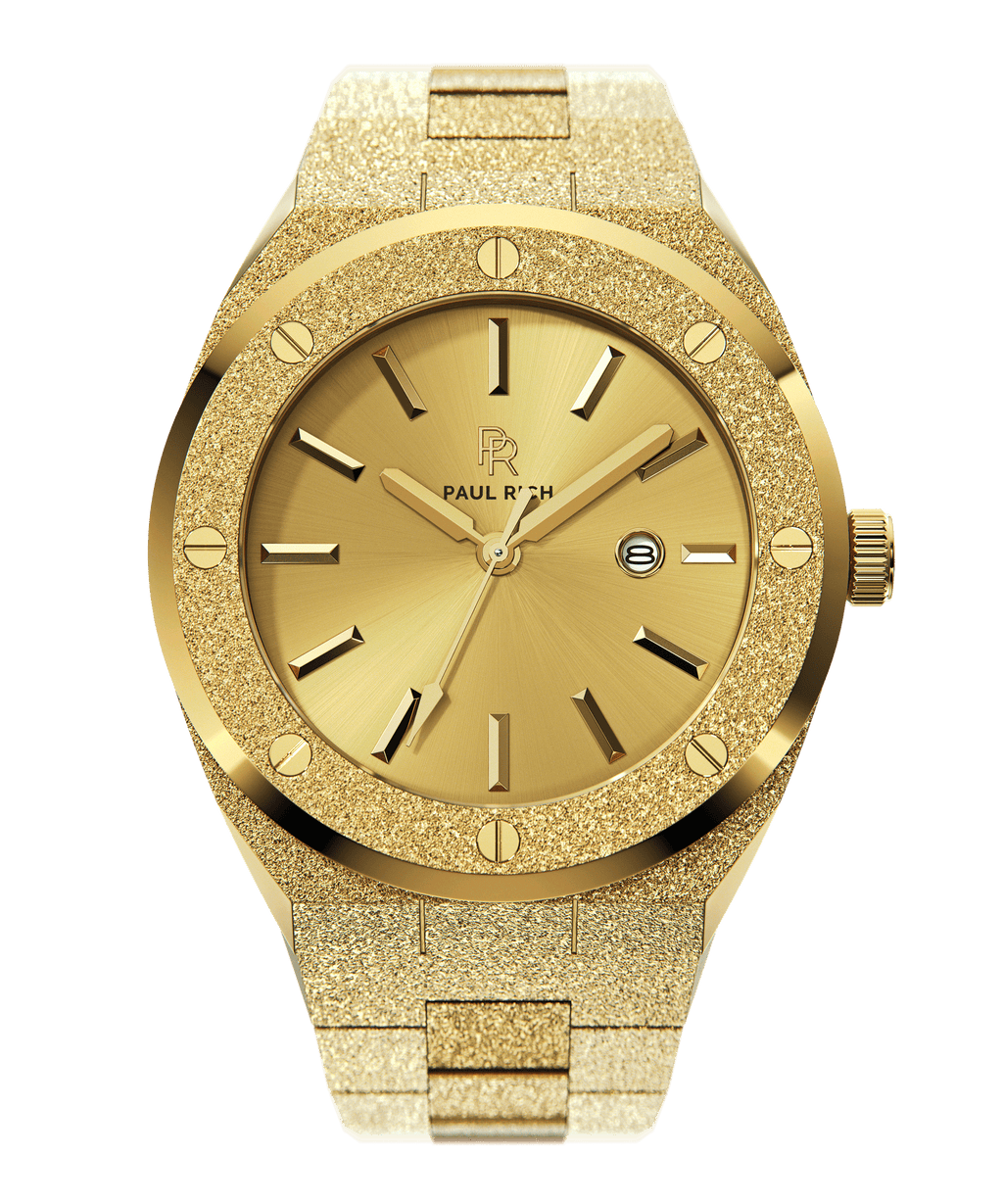 ChatGPT said:
Paul Rich watch with round frosted gold case and bracelet, metallic gold sunray dial, gold hour markers, and date window, shown on transparent background.