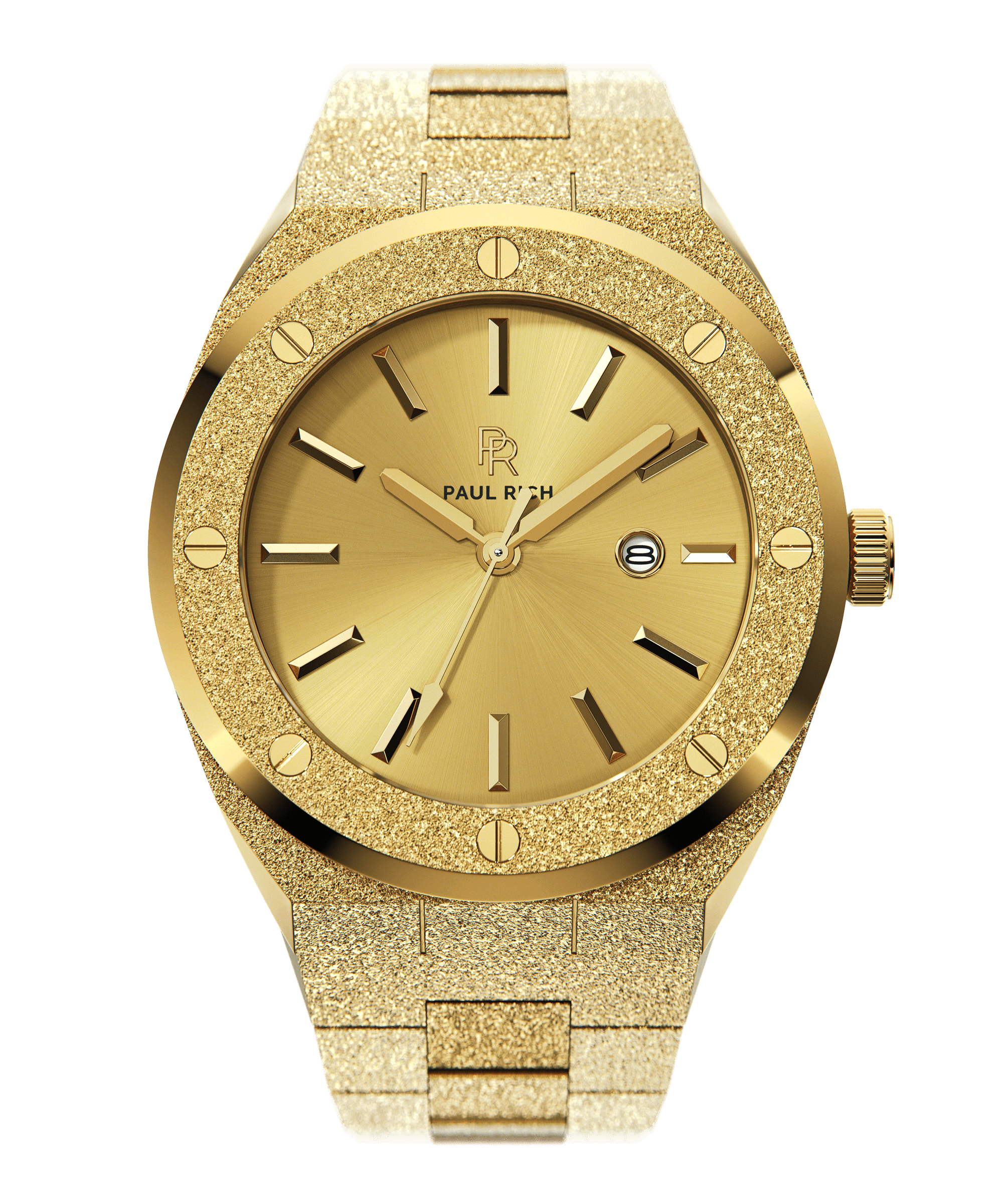 ChatGPT said:
Paul Rich watch with round frosted gold case and bracelet, metallic gold sunray dial, gold hour markers, and date window, shown on transparent background.