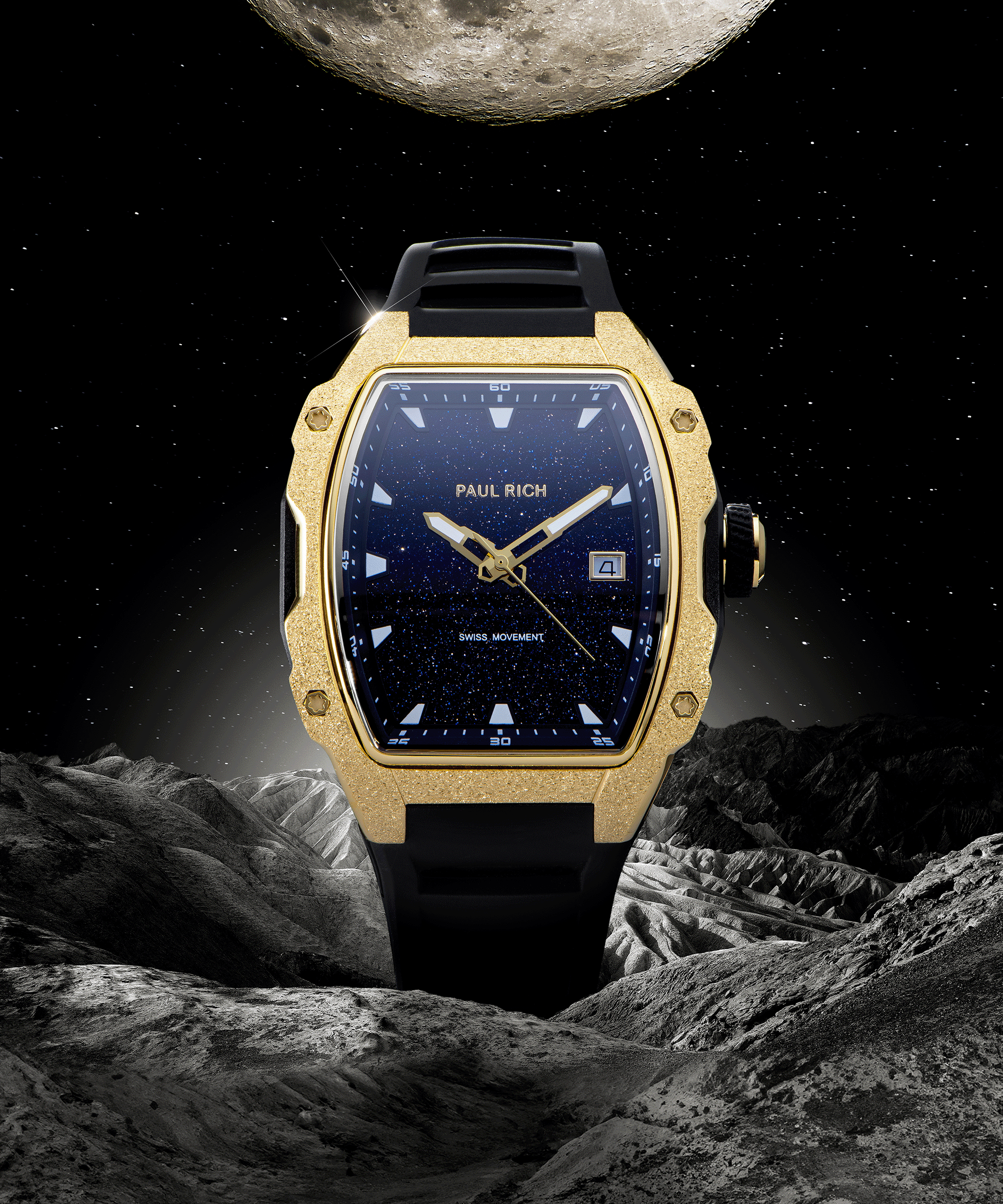 Paul Rich tonneau-shaped watch with blue aventurine dial and gold frosted bezel displayed against moonlit space and rocky lunar terrain.