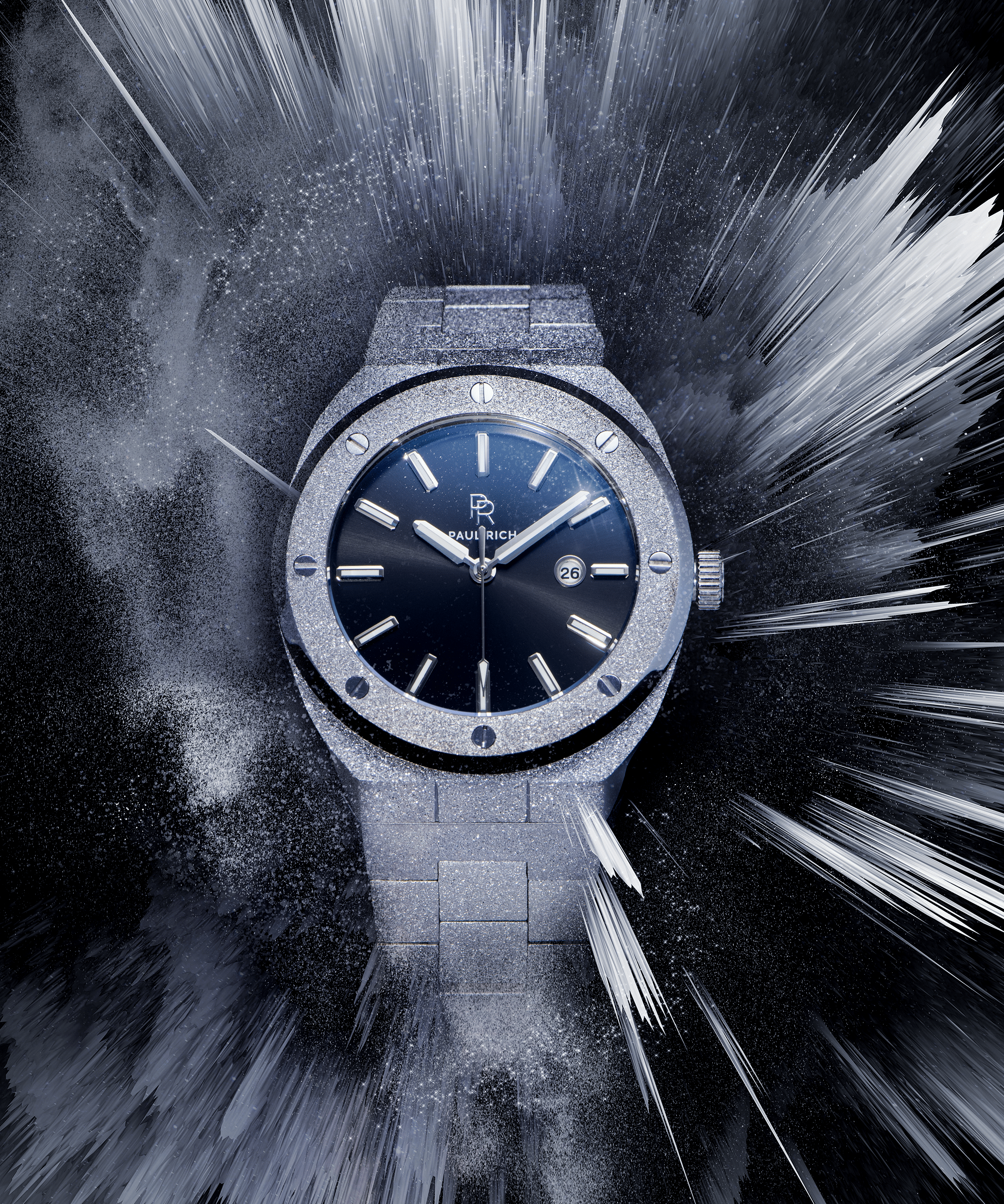 Paul Rich watch with frosted silver case and bracelet, metallic black sunray dial, and date window, displayed in a dynamic icy burst effect on dark background.