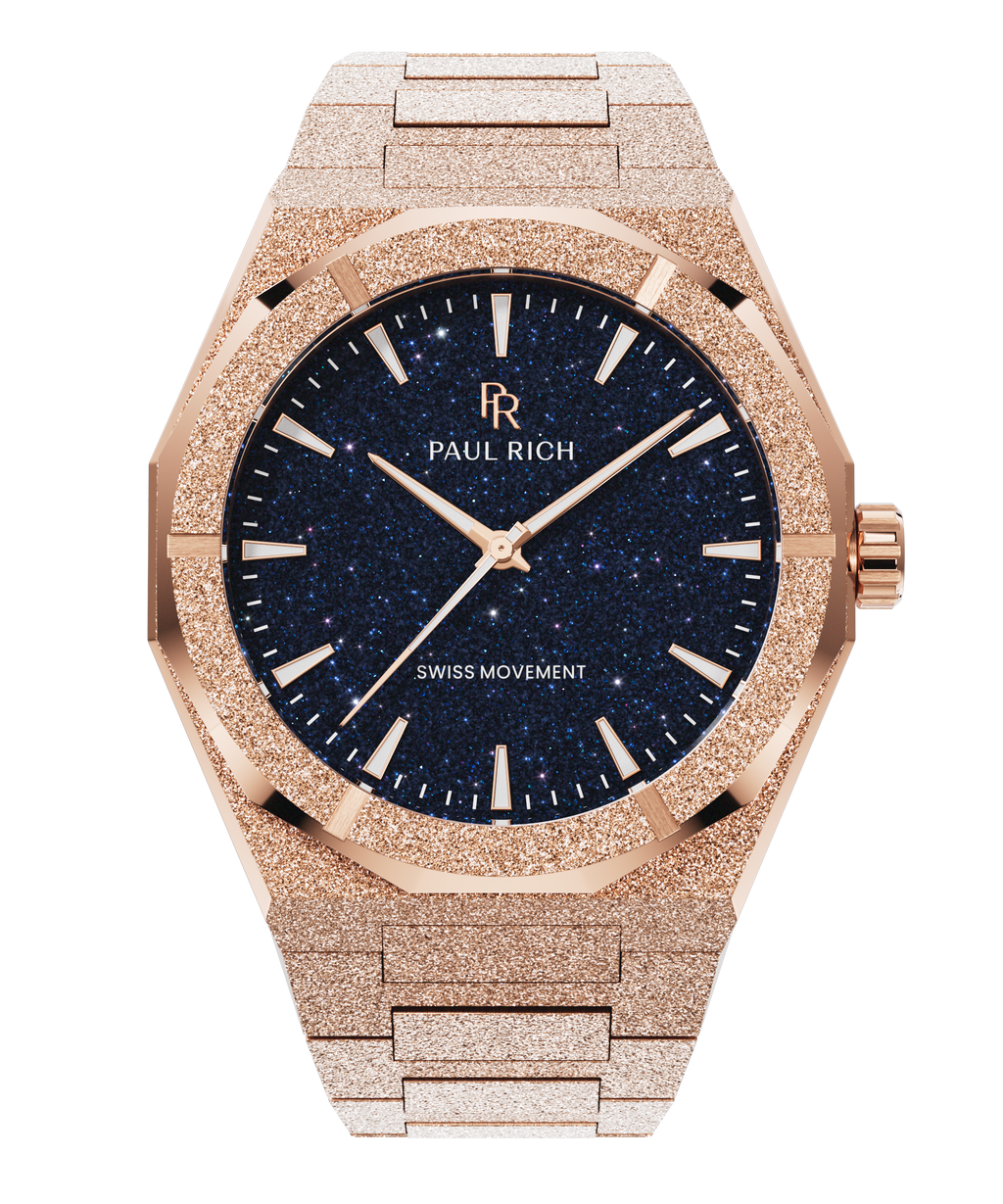 Rose gold frosted Paul Rich watch with deep blue aventurine dial, rose gold markers and hands, shown on transparent background.