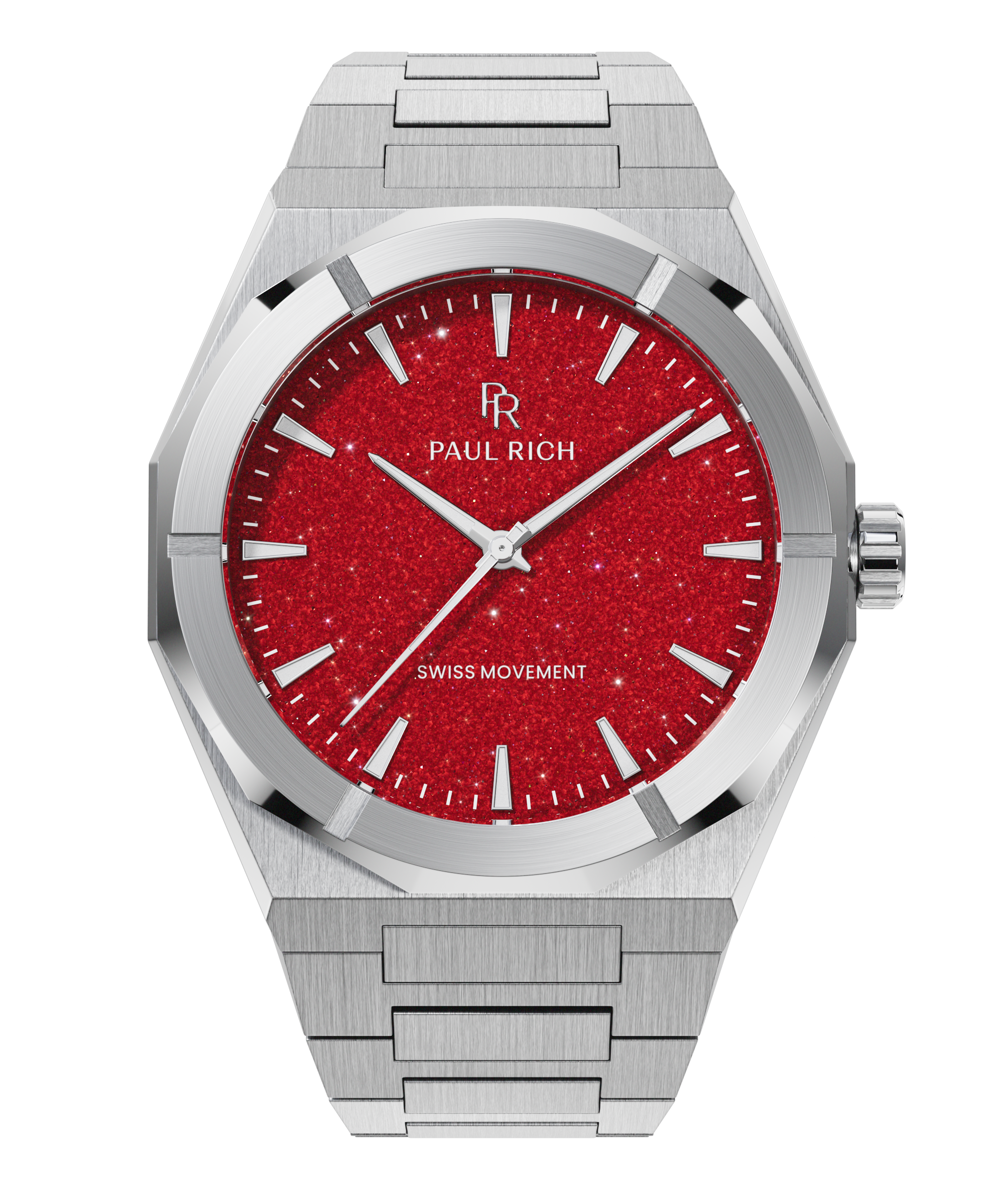 Paul Rich watch with brushed silver case and bracelet, featuring a vibrant red aventurine dial with silver hands and markers.