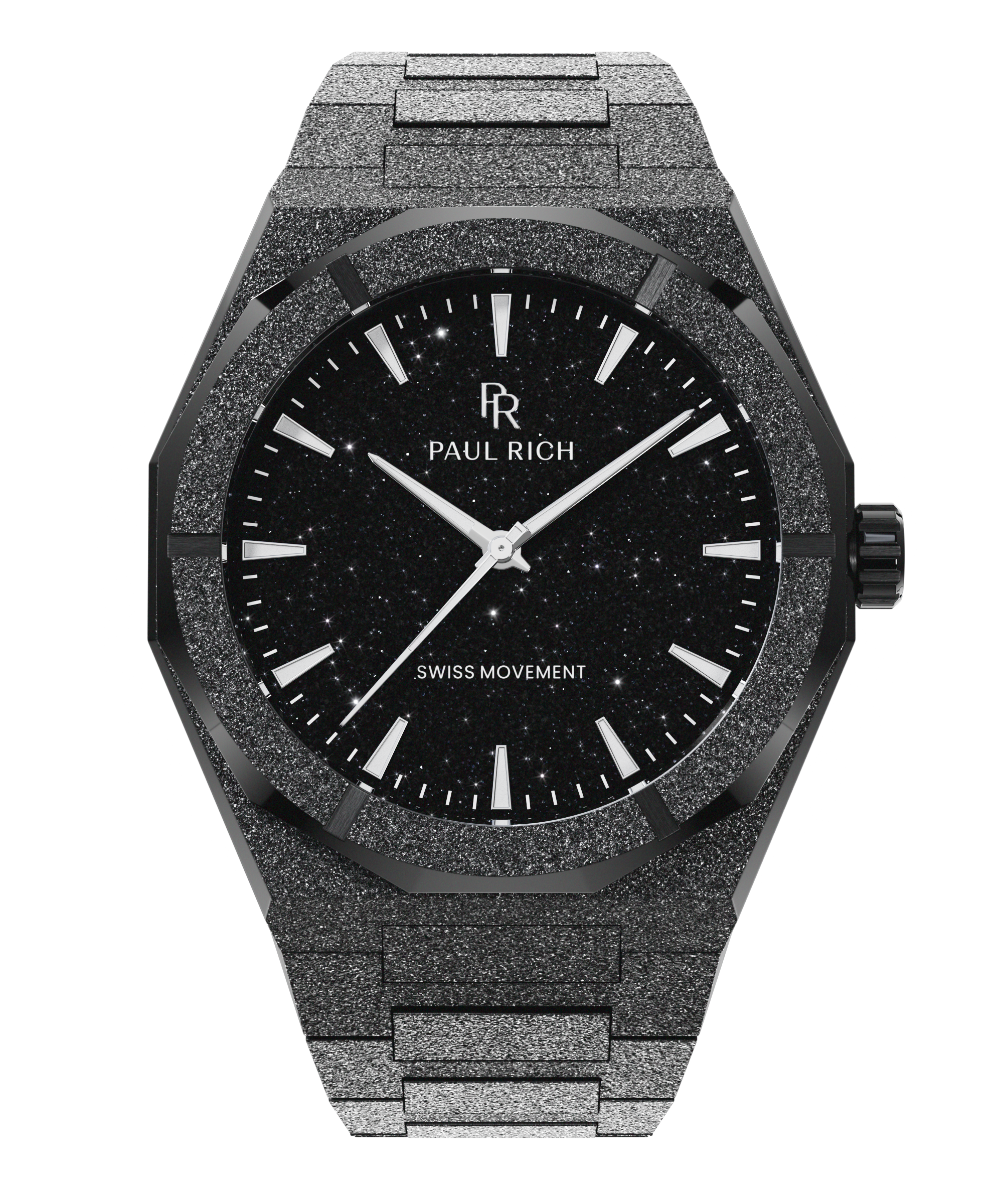 Paul Rich watch with frosted black case and bracelet, featuring a black aventurine dial and silver hands and hour markers.