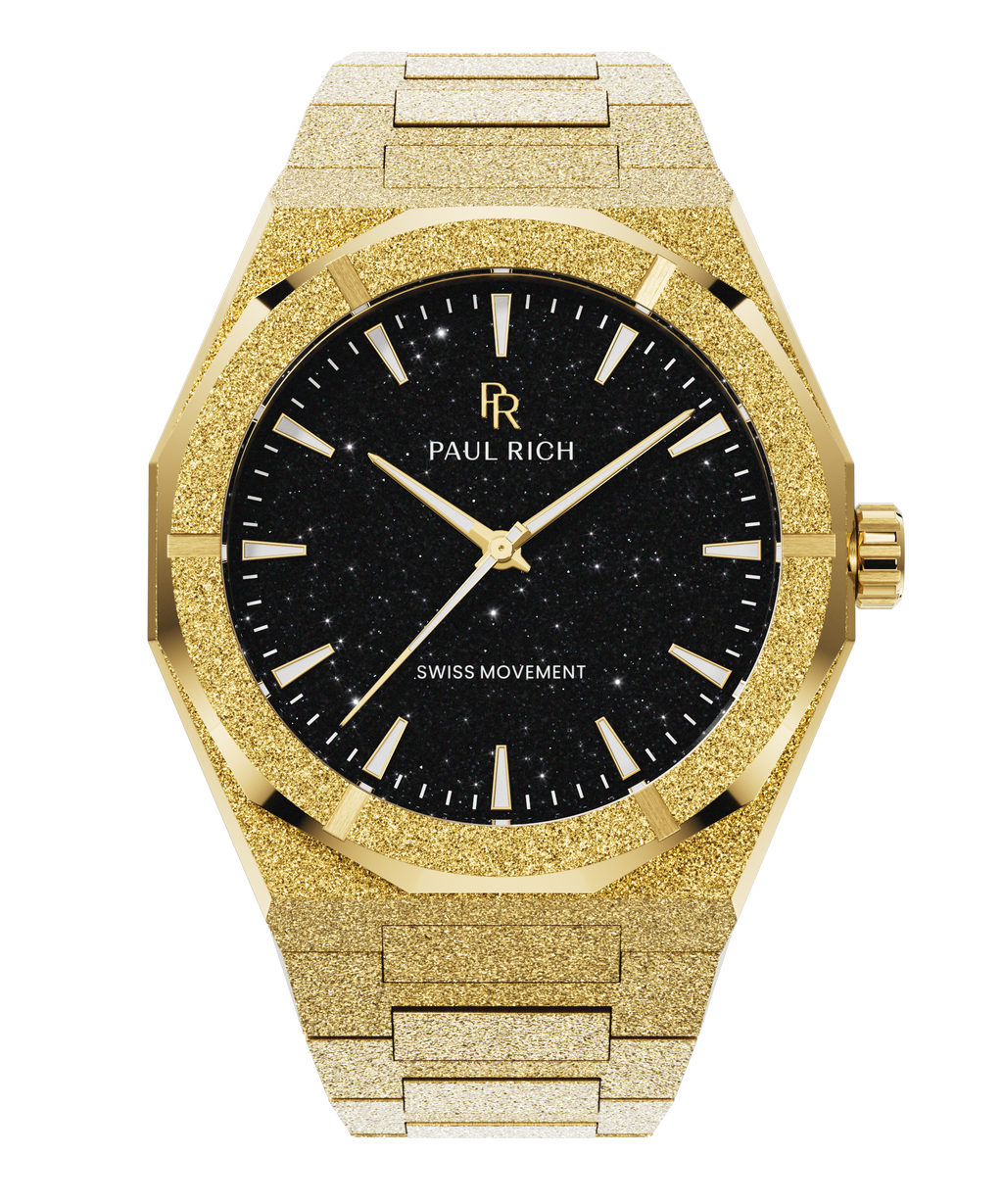 Paul Rich gold watch with a frosted case and bracelet, featuring a black aventurine dial and gold hour markers.